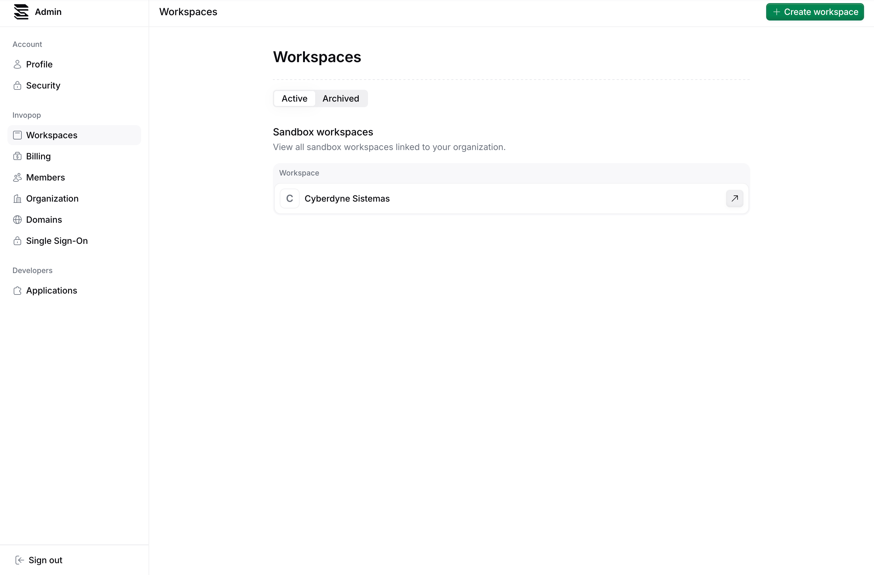 Workspaces page in the Admin area