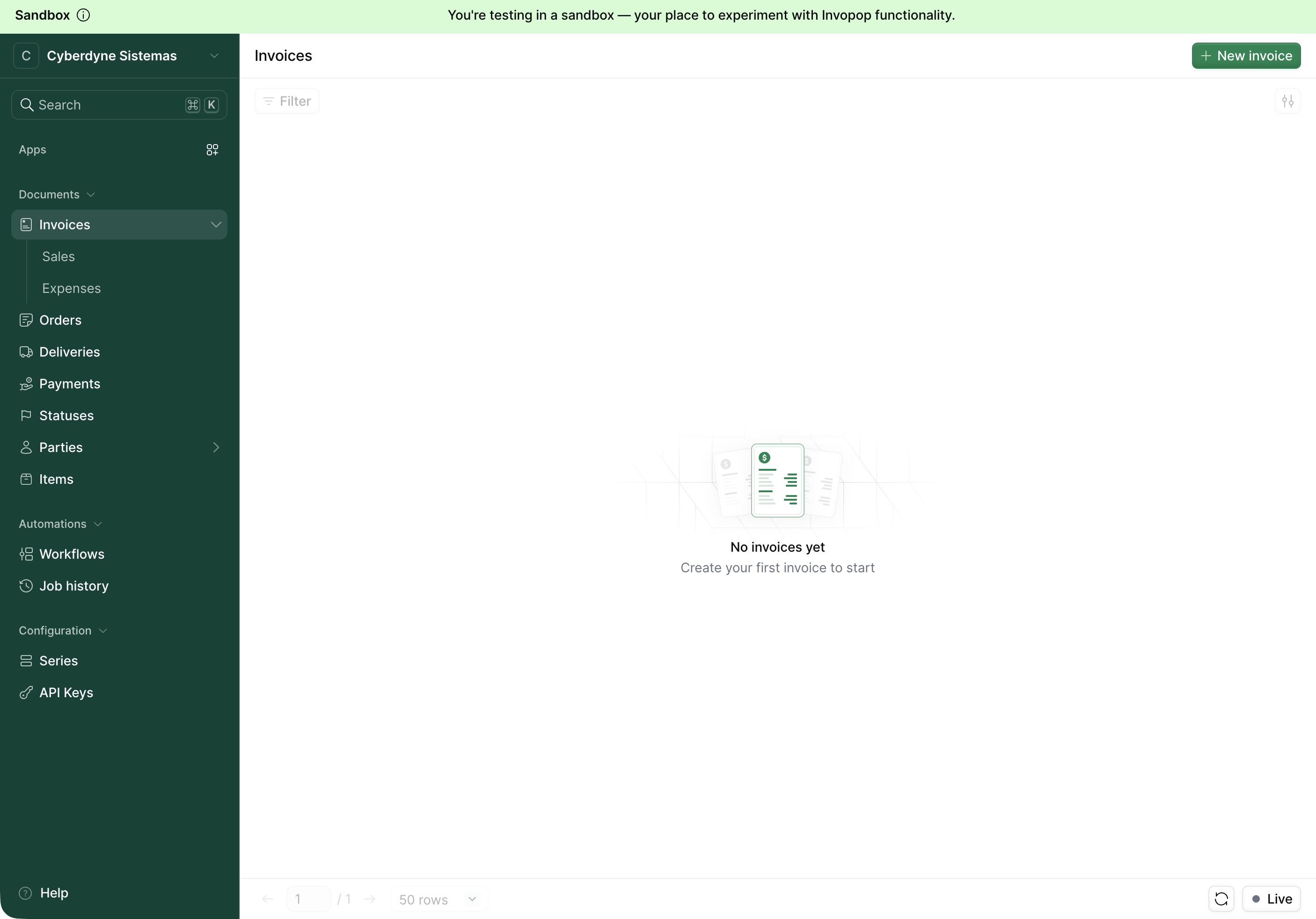 Fresh sandbox workspace with an empty invoices list