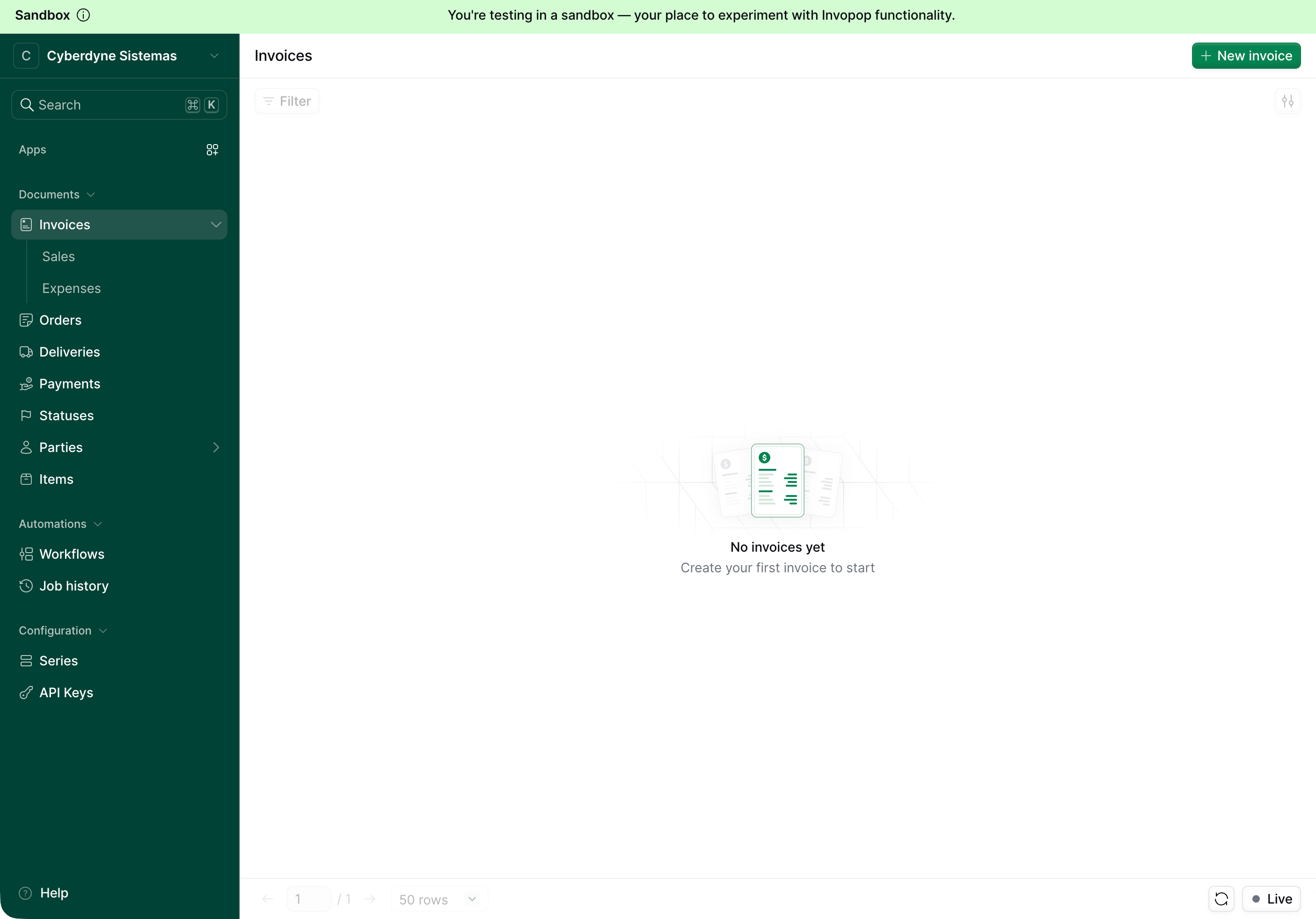 Fresh sandbox workspace with an empty invoices list
