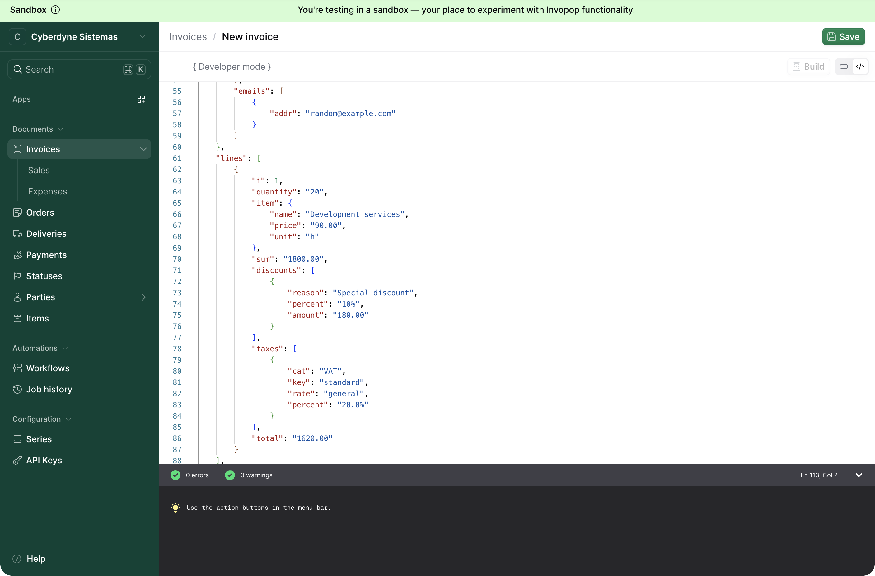 Built invoice in the code view with calculated fields