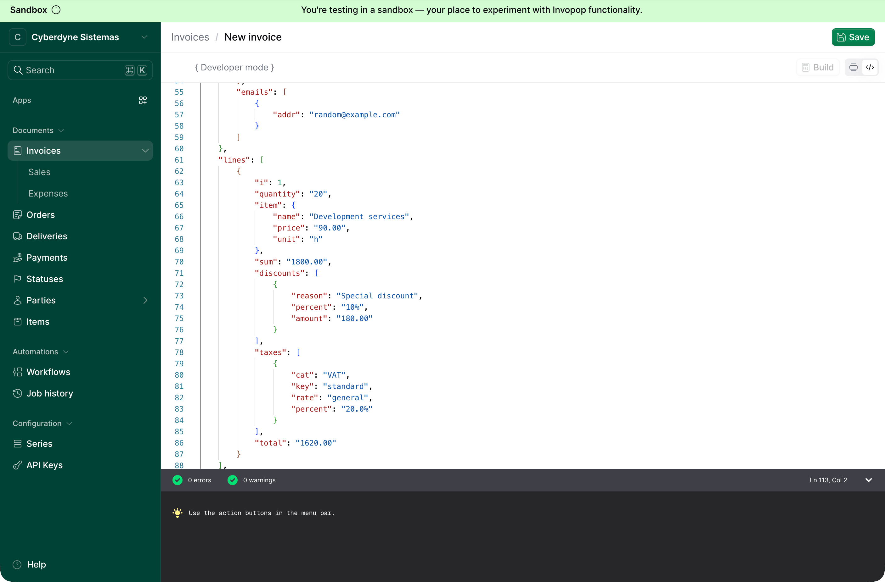 Built invoice in the code view with calculated fields