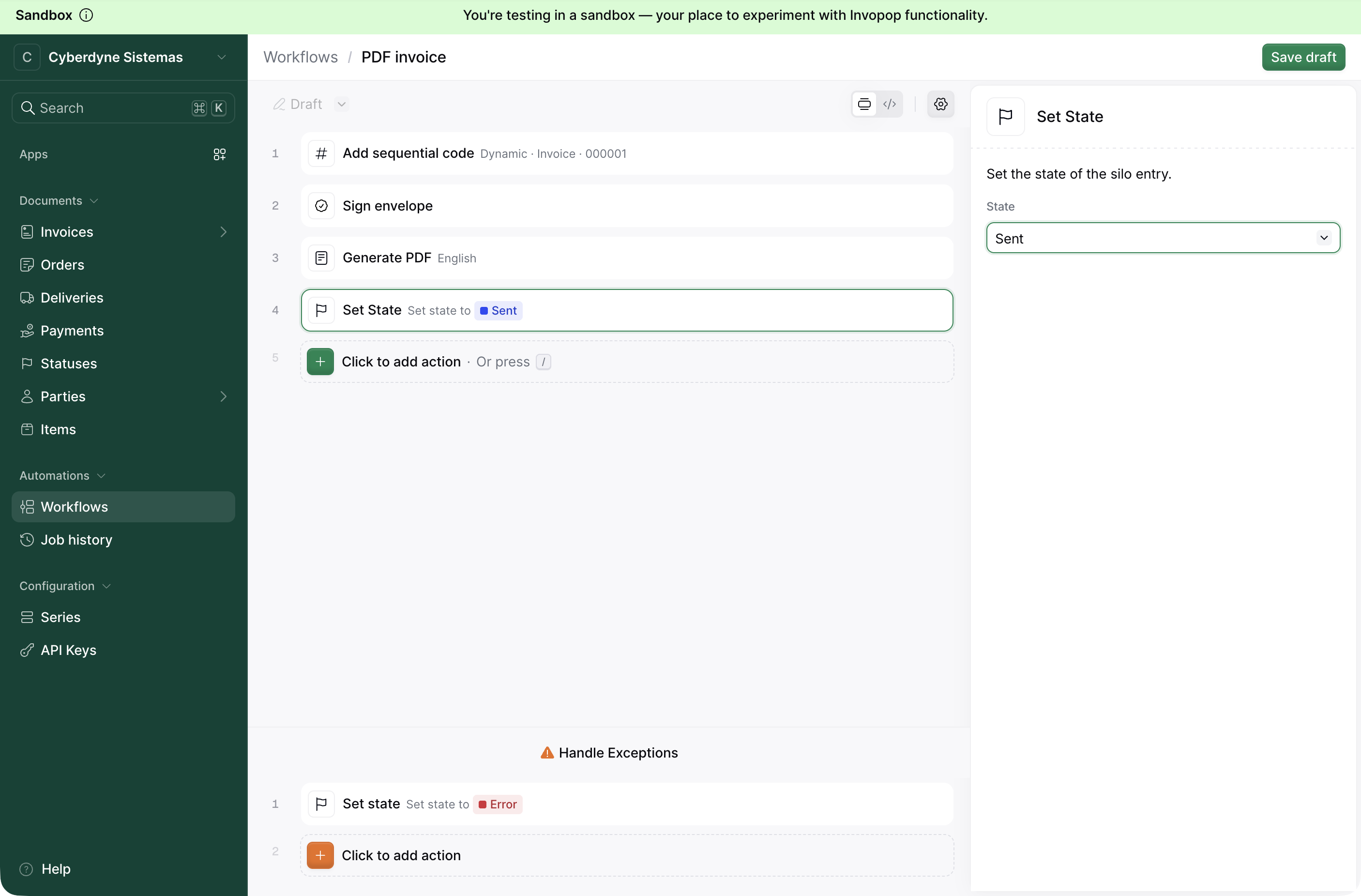 Set State step configured to Sent