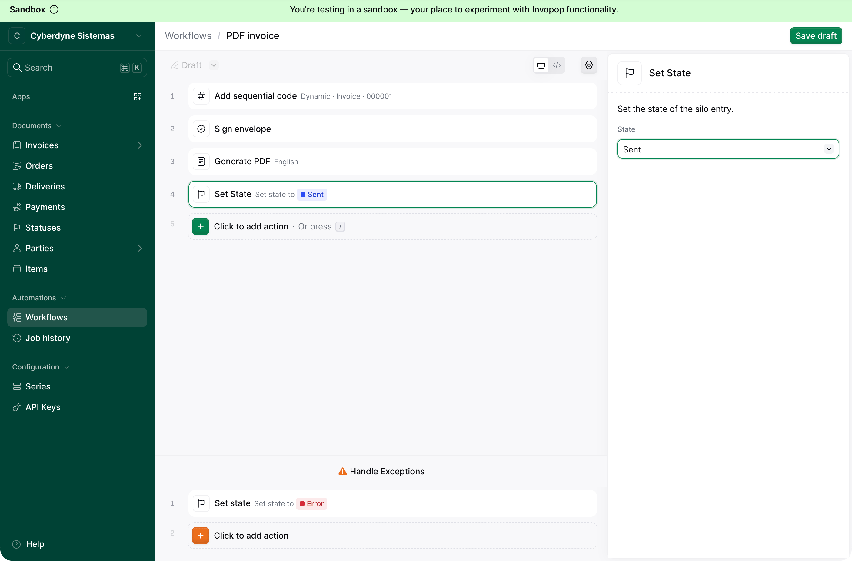 Set State step configured to Sent