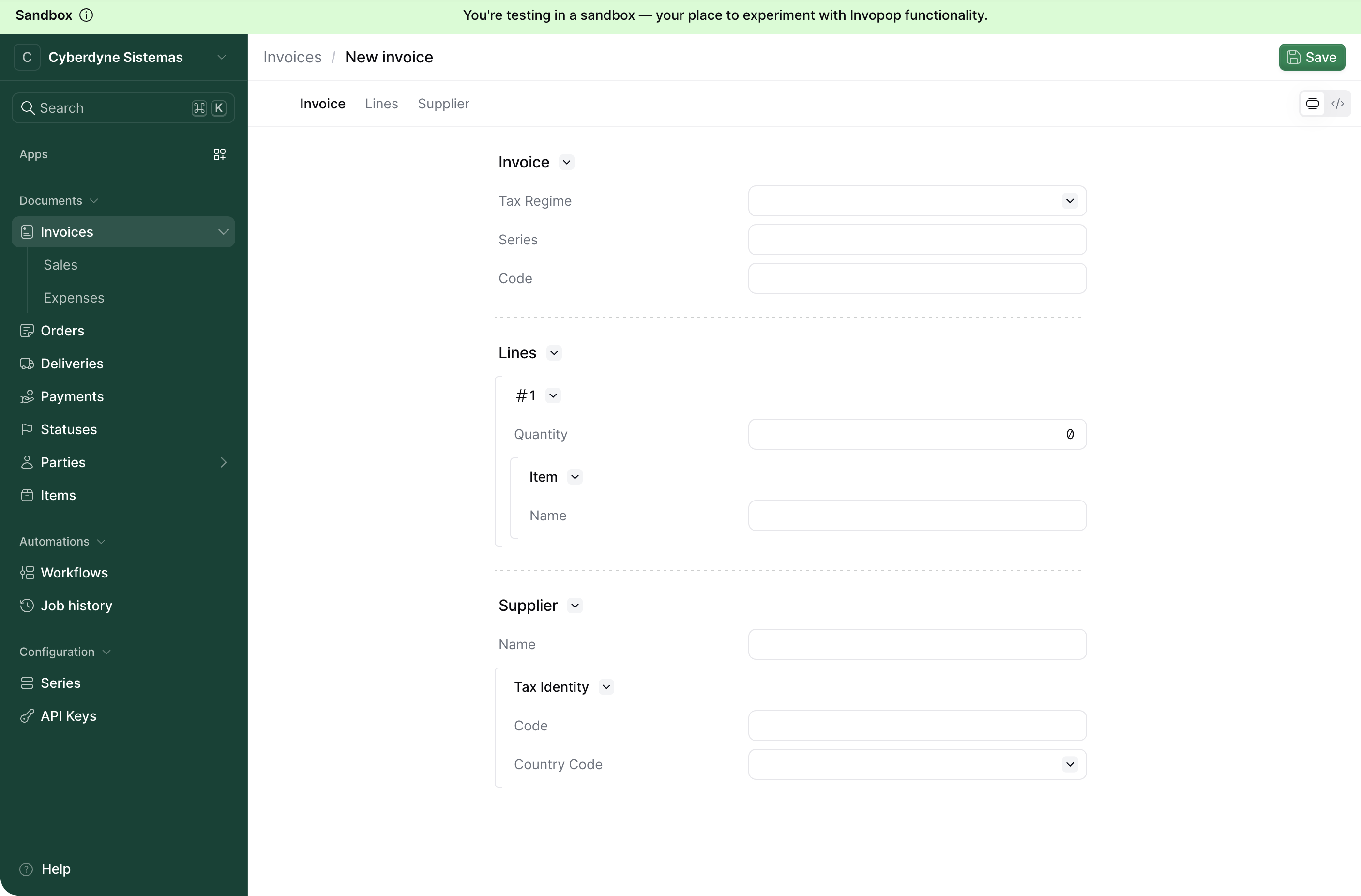Document editor with the code view toggle below the Save button