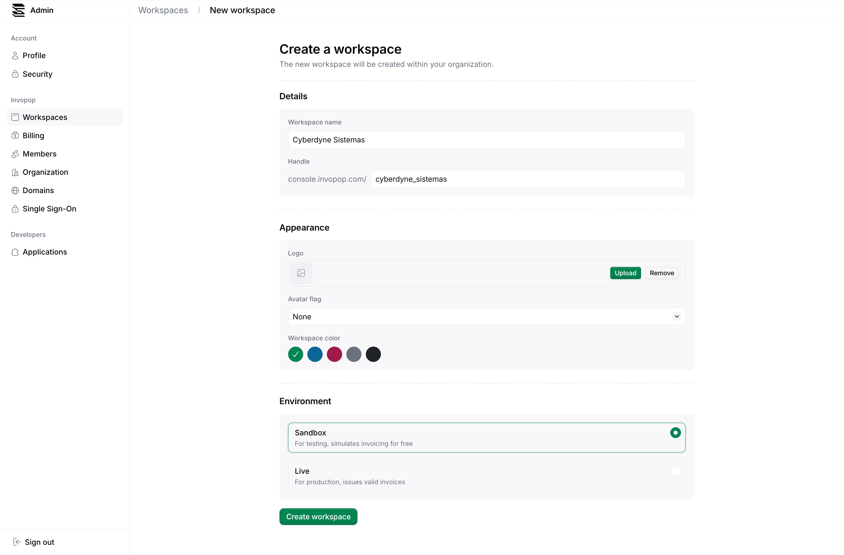 Create a workspace form with sandbox environment selected