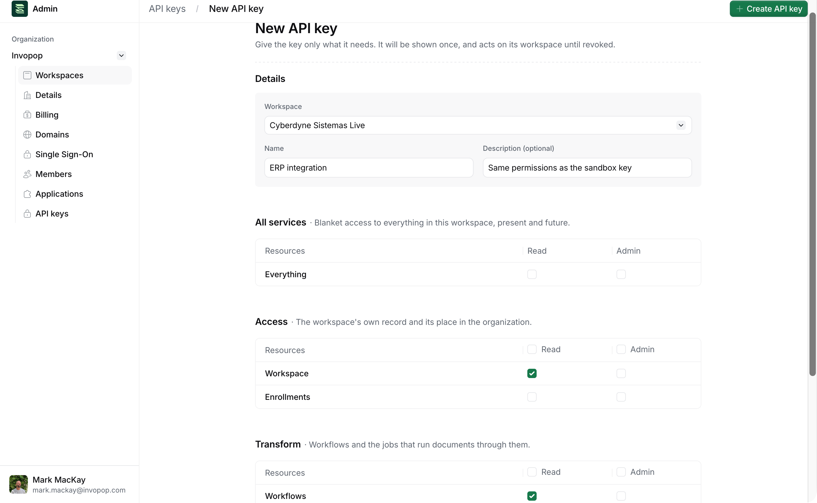 New API key form in Admin with the live workspace selected and permissions ticked