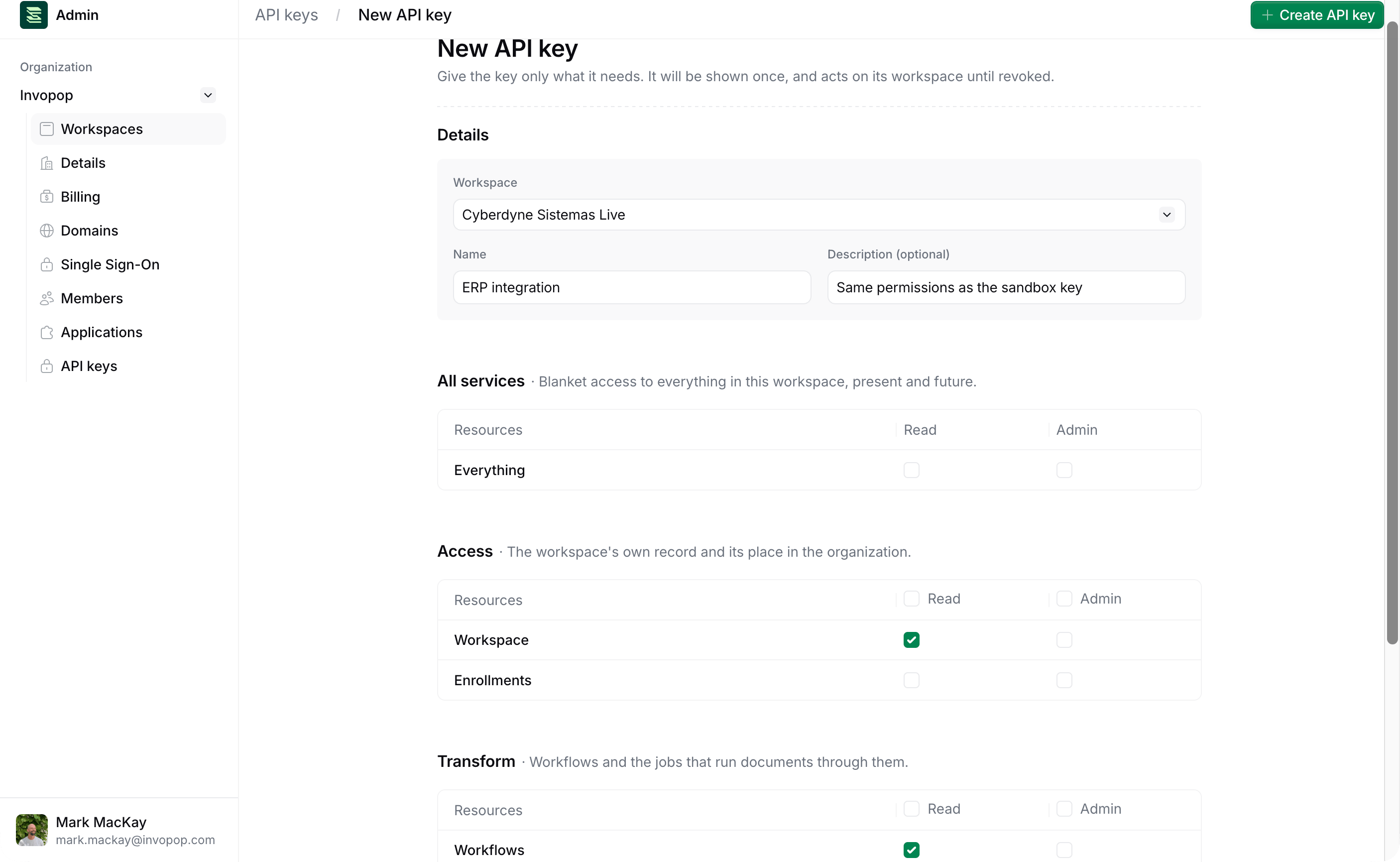 New API key form in Admin with the live workspace selected and permissions ticked