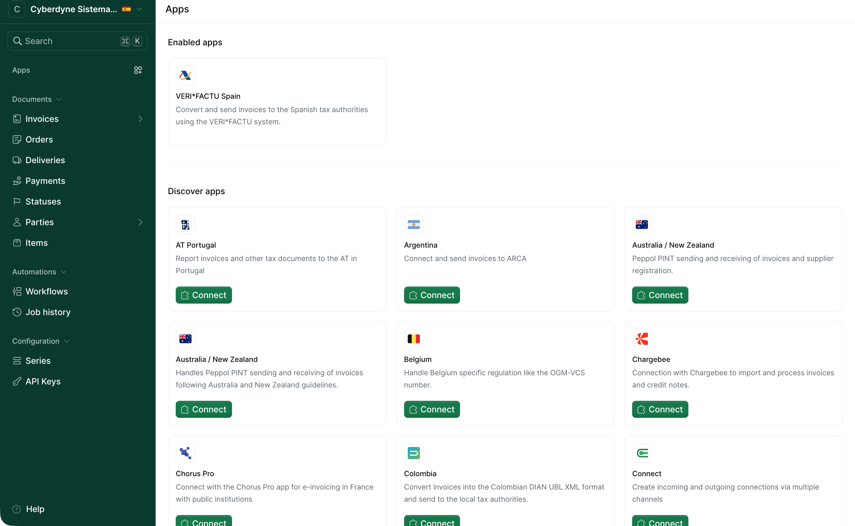 Apps page of a live workspace with the VERI*FACTU Spain app under Enabled apps