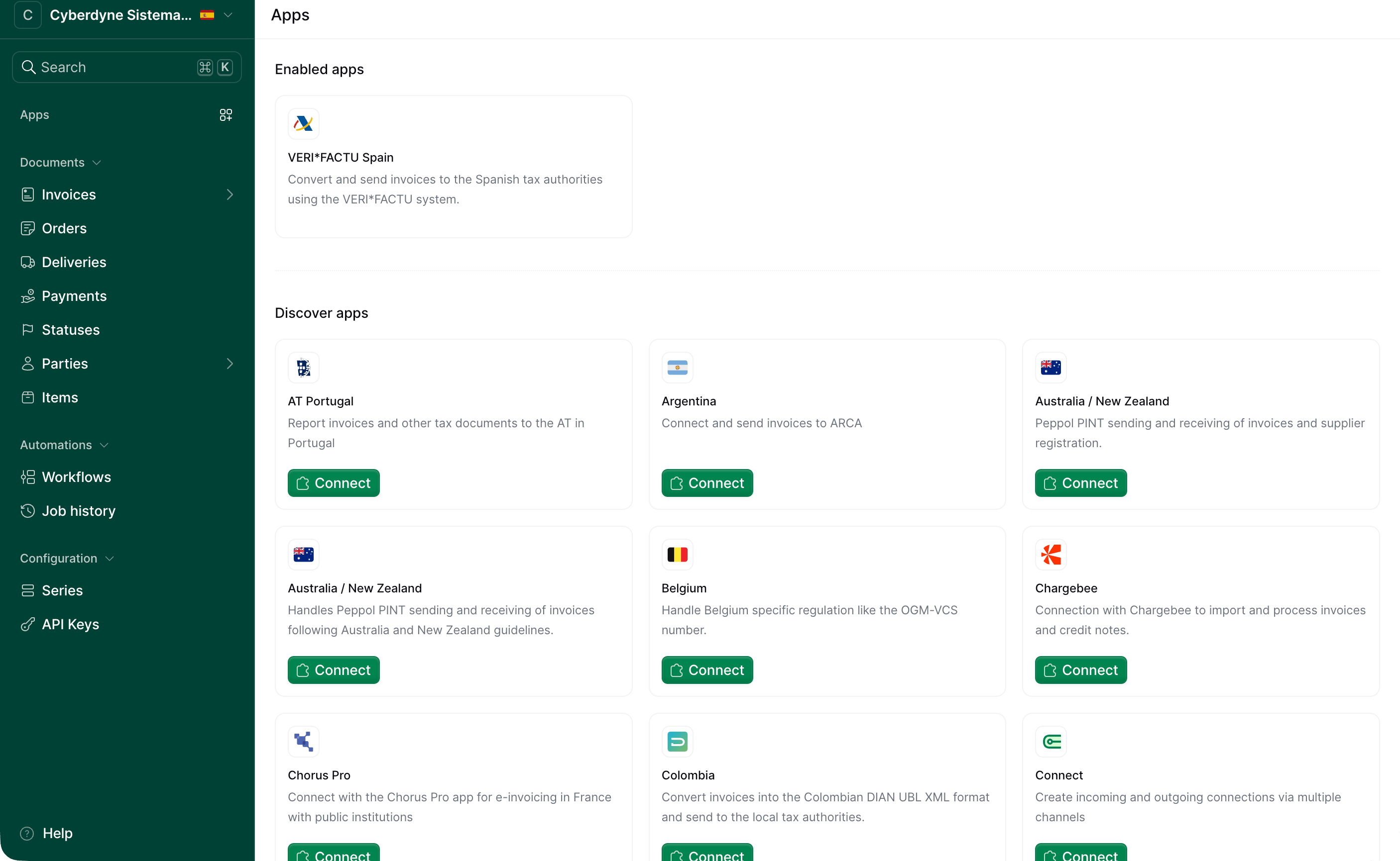Apps page of a live workspace with the VERI*FACTU Spain app under Enabled apps