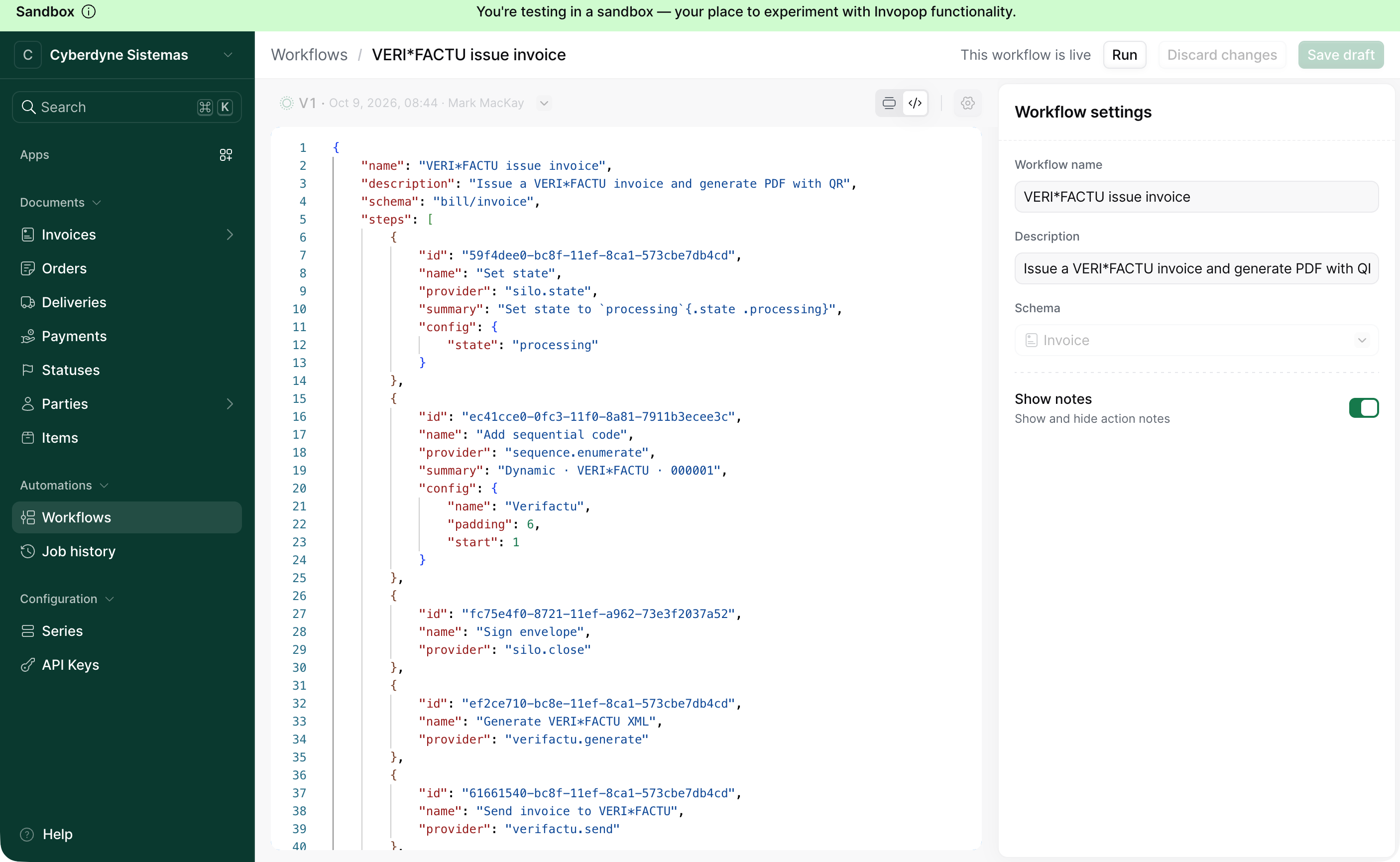 Workflow editor in Code view showing the JSON of a VERI*FACTU issue invoice workflow