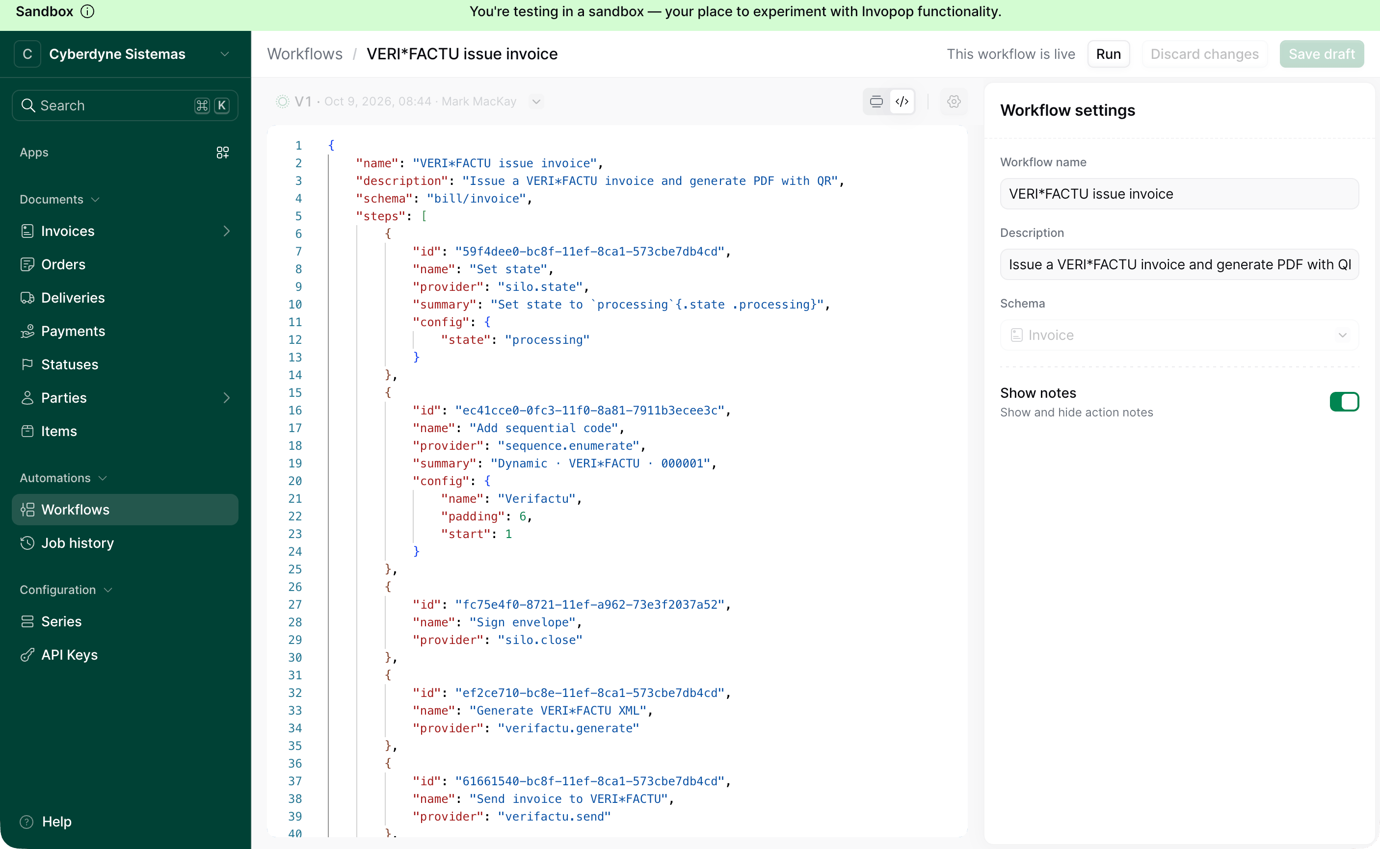 Workflow editor in Code view showing the JSON of a VERI*FACTU issue invoice workflow