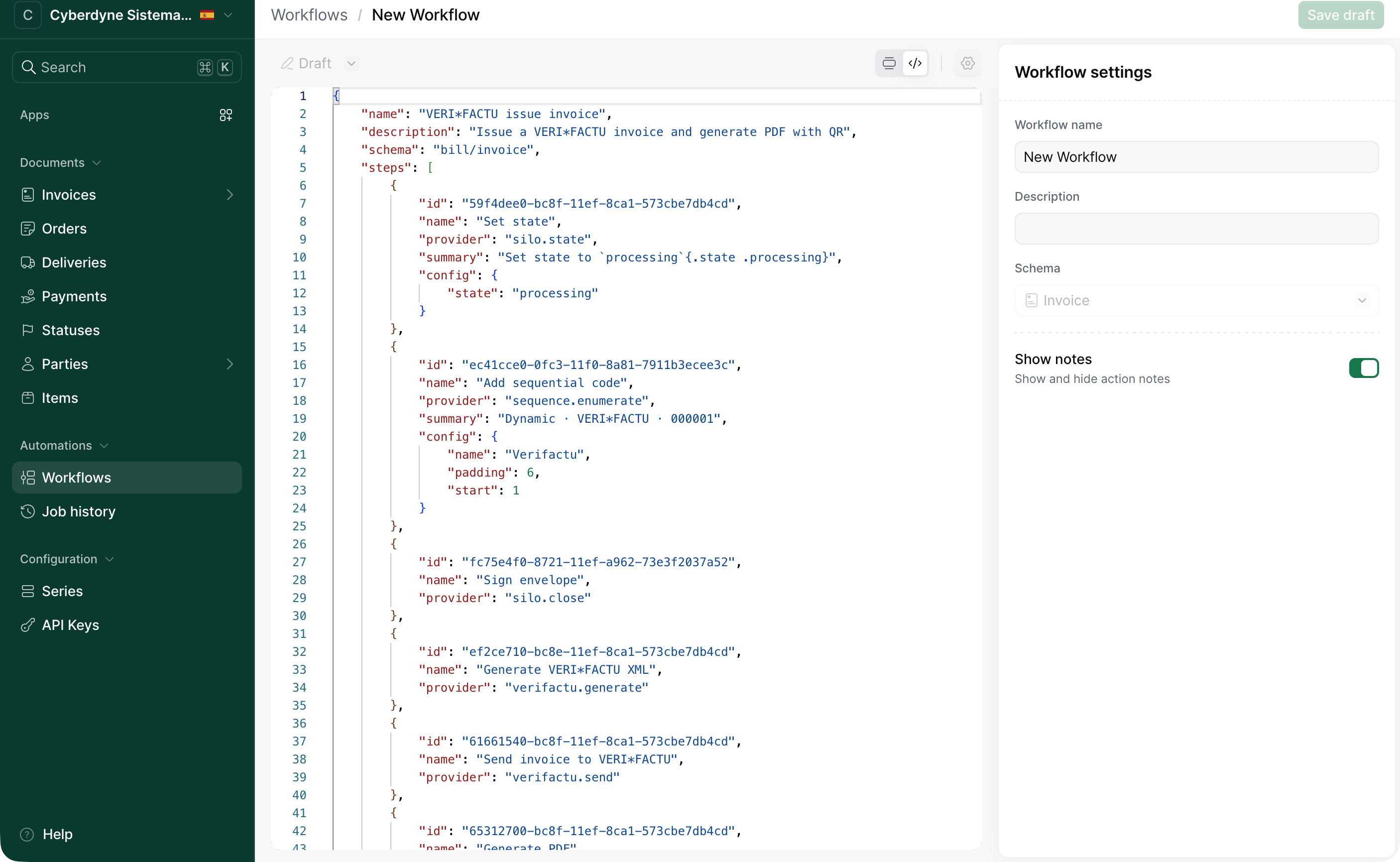 New workflow in a live workspace with the pasted JSON in Code view