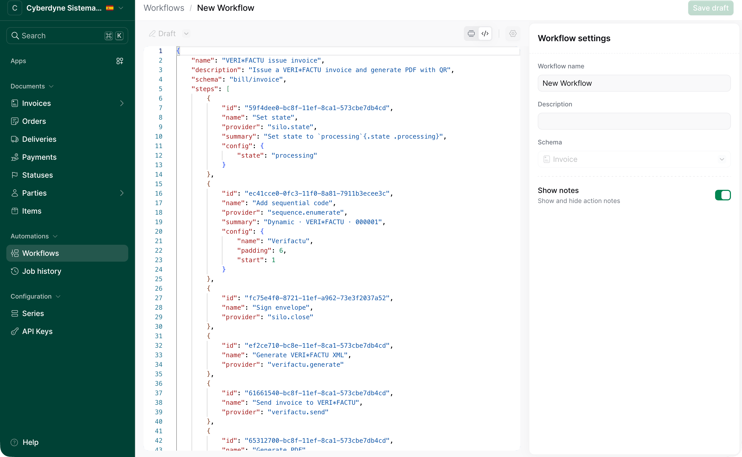New workflow in a live workspace with the pasted JSON in Code view