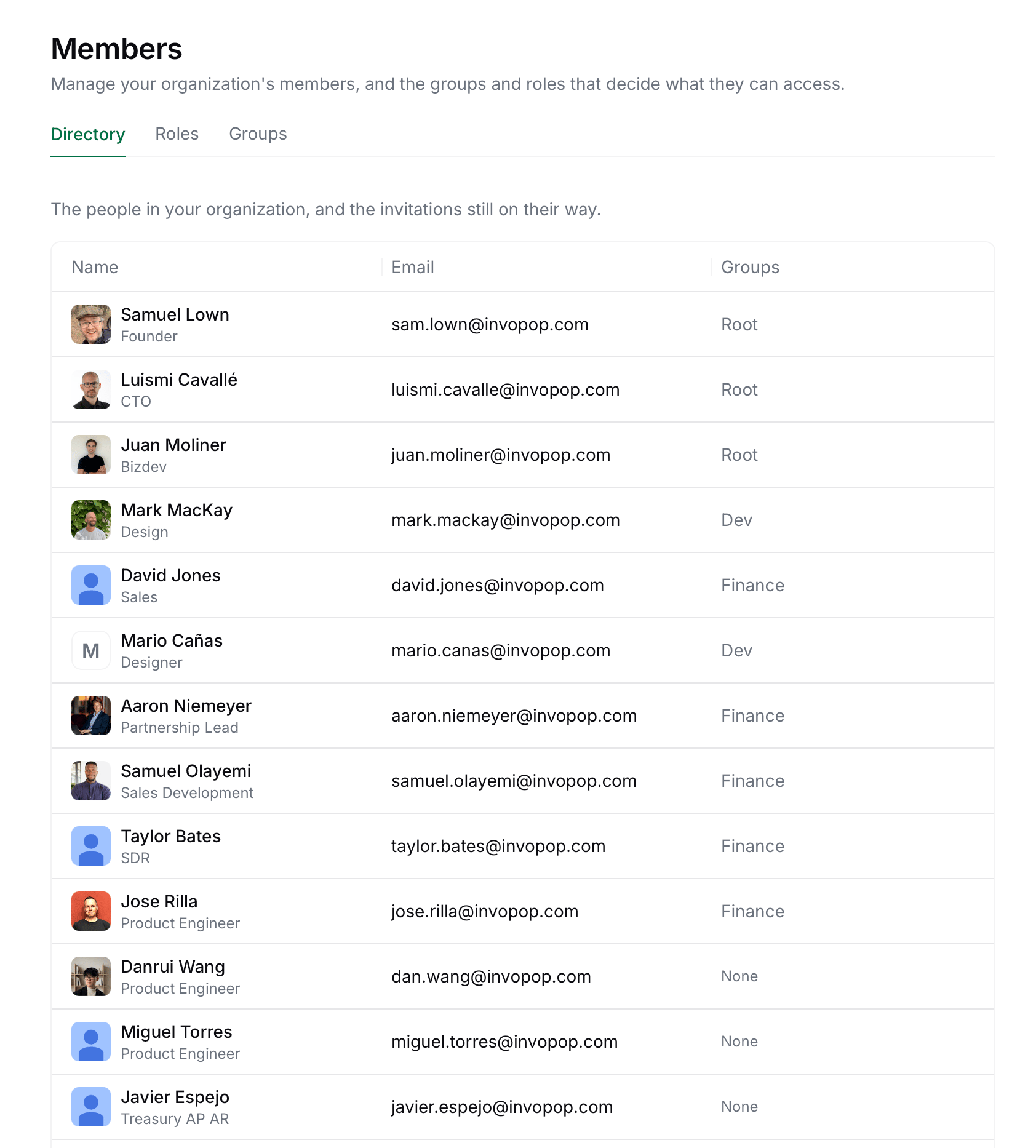 Members directory listing each member with their email and groups