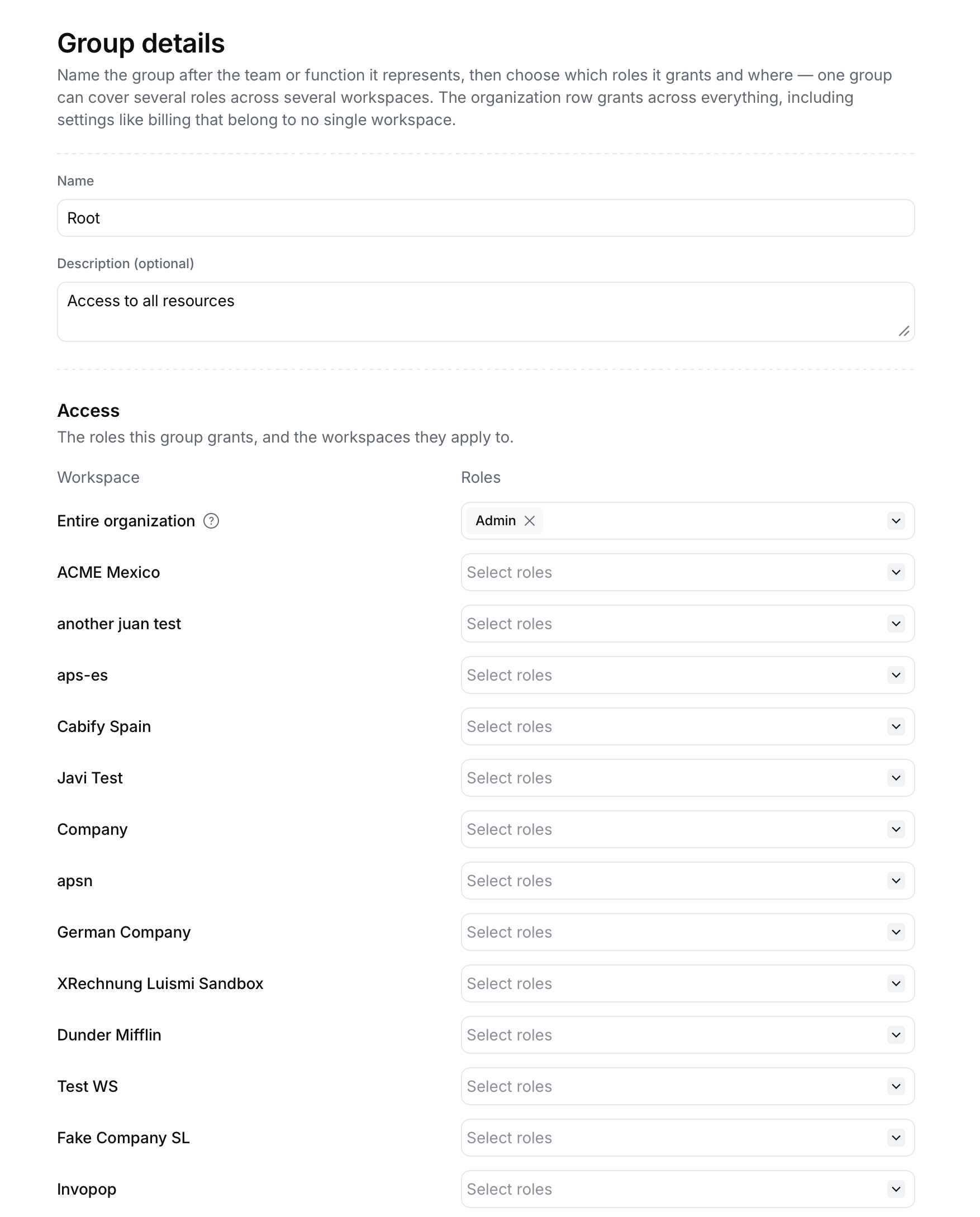 New group form showing the roles granted on the organization and each workspace