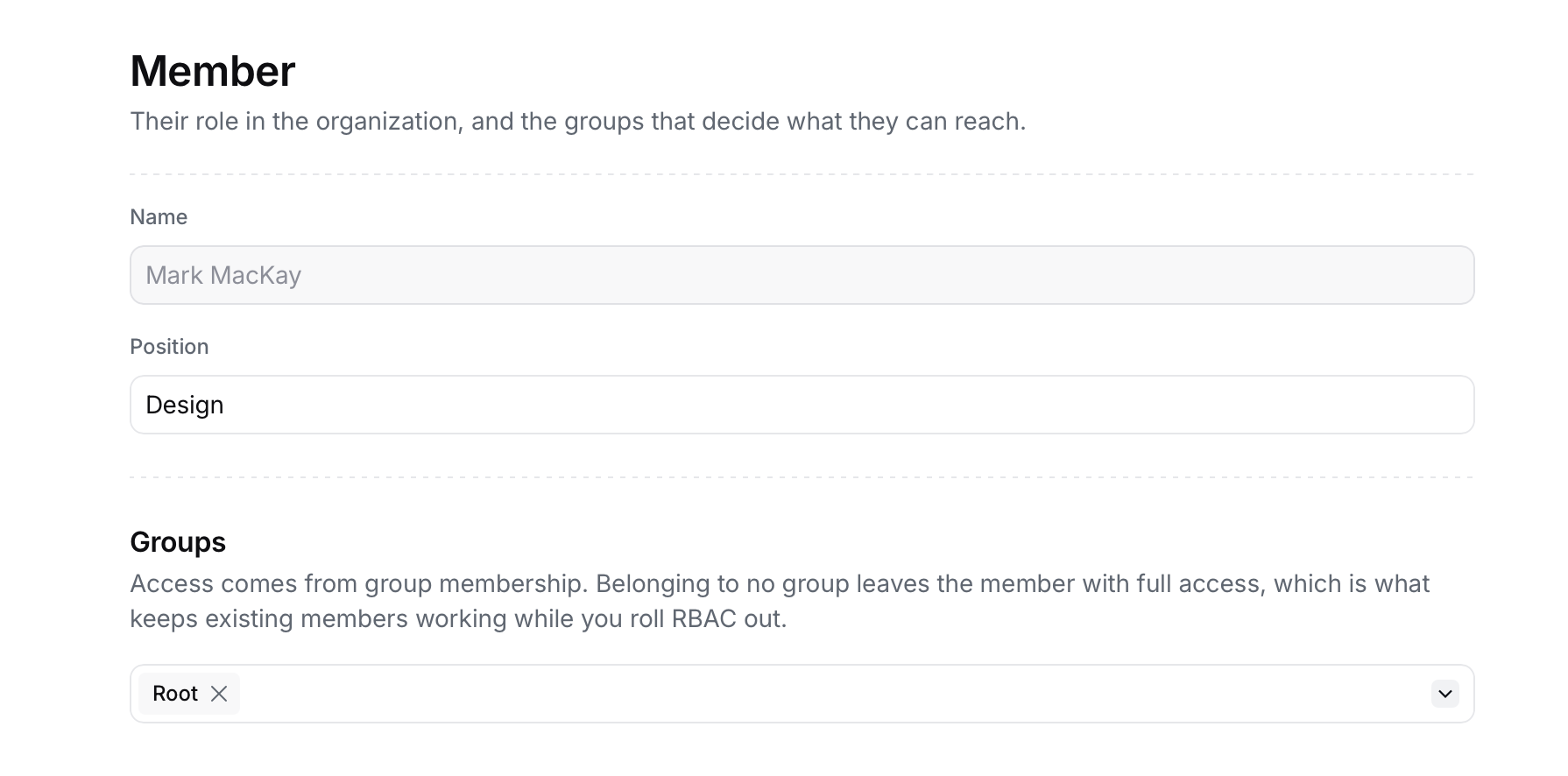 Member page showing the name, position and the Groups selector with one group assigned