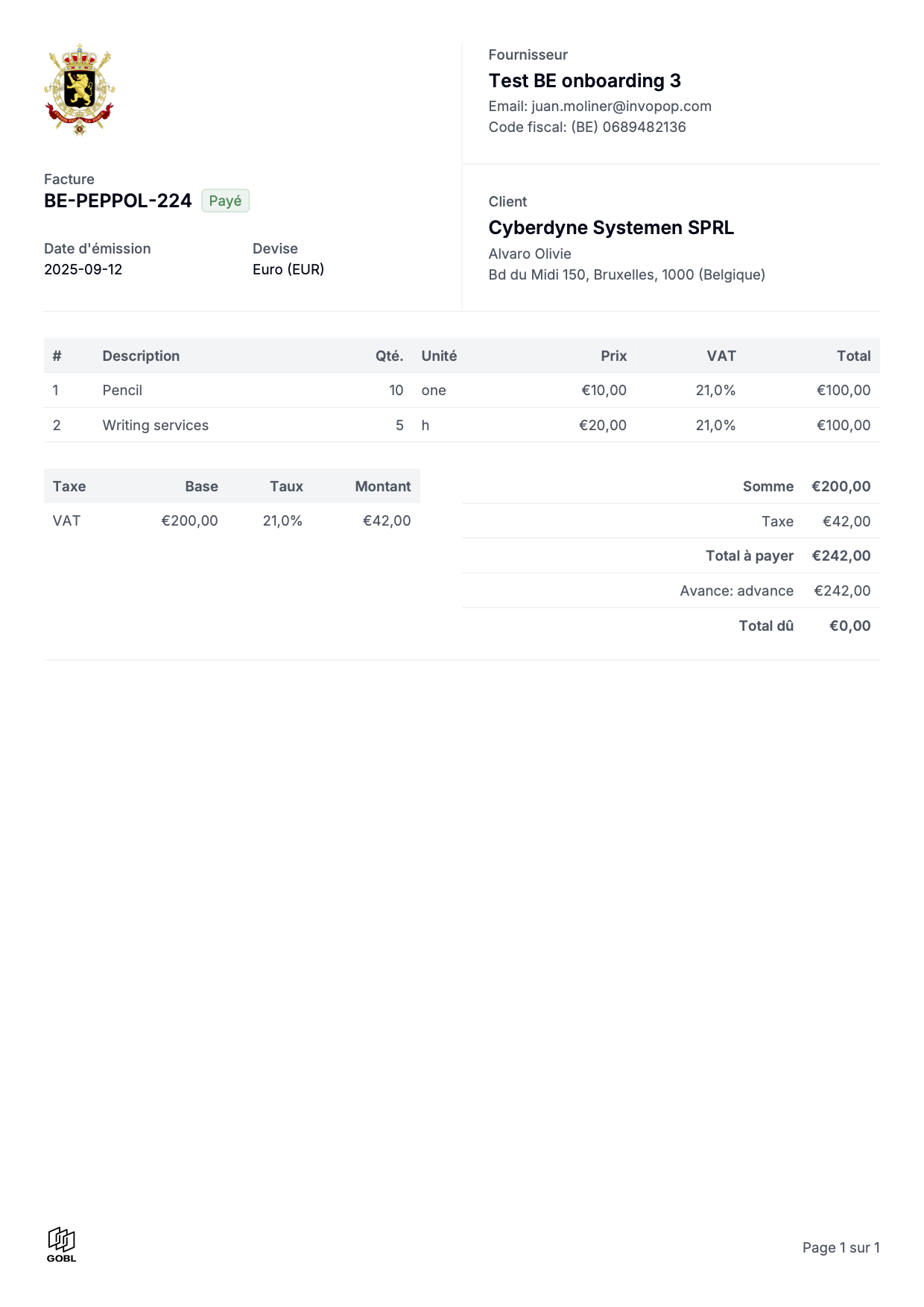 Example PDF invoice - Belgian invoice in French
