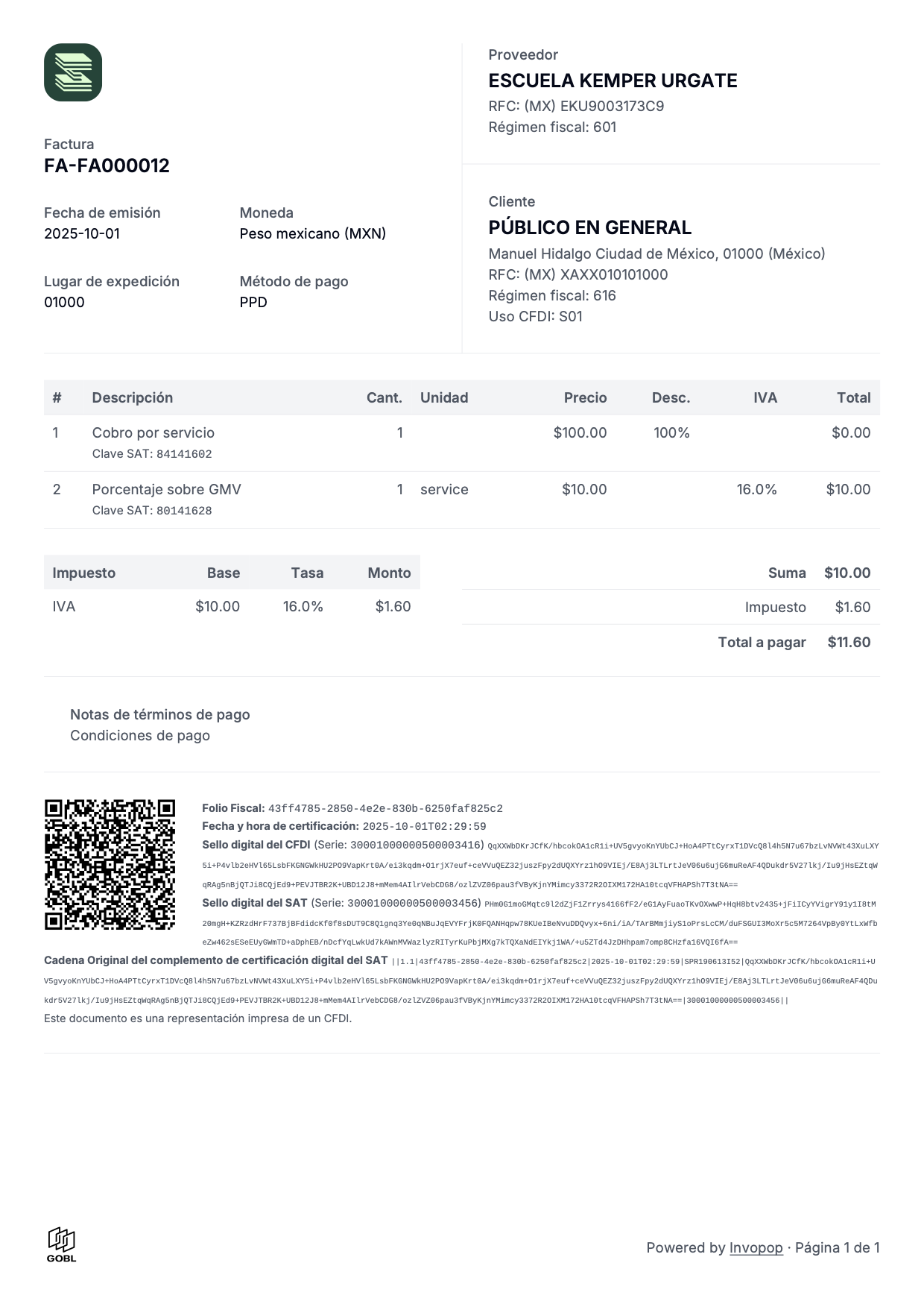 Example PDF invoice - Mexican invoice in Spanish