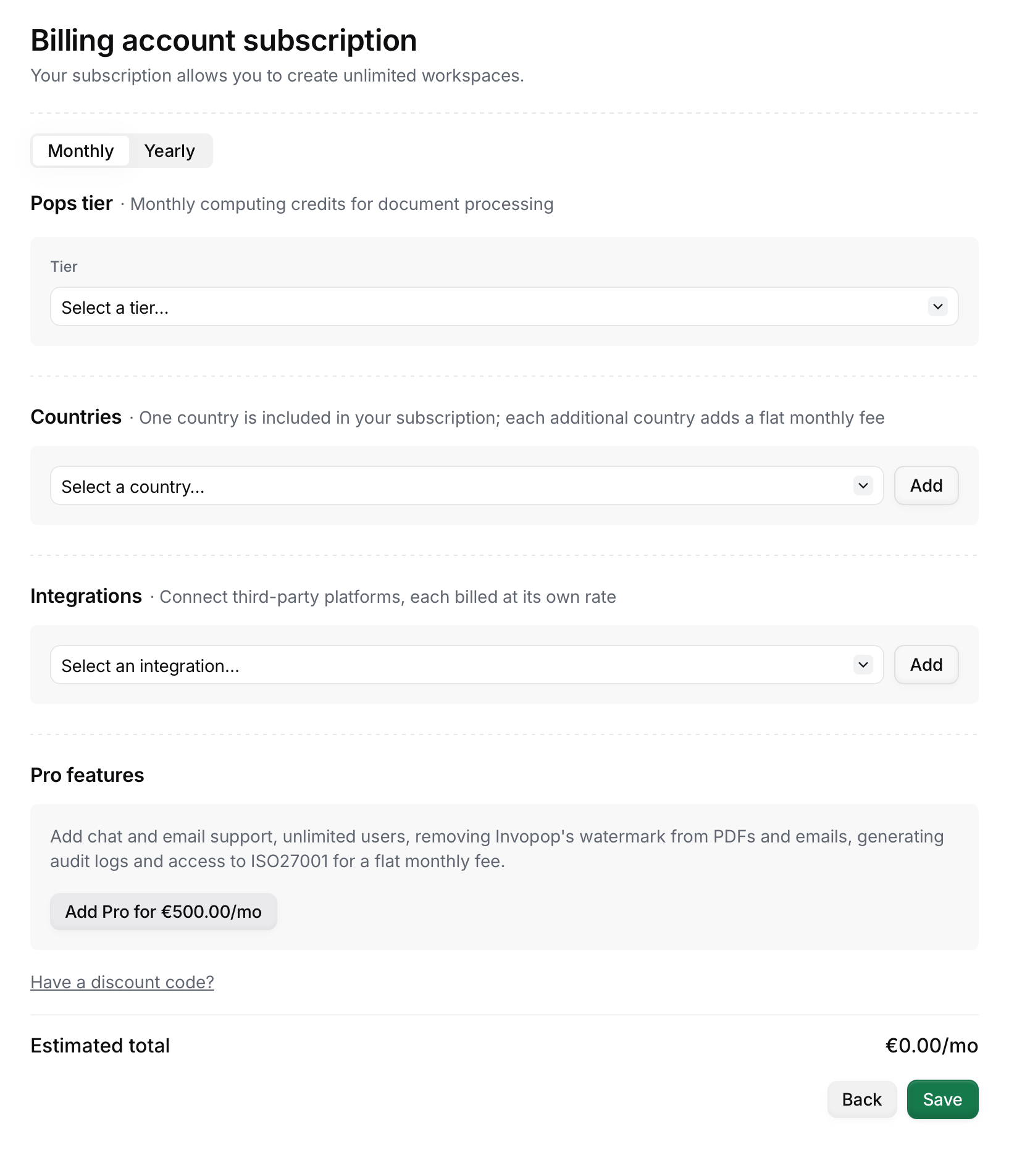 Billing account subscription form