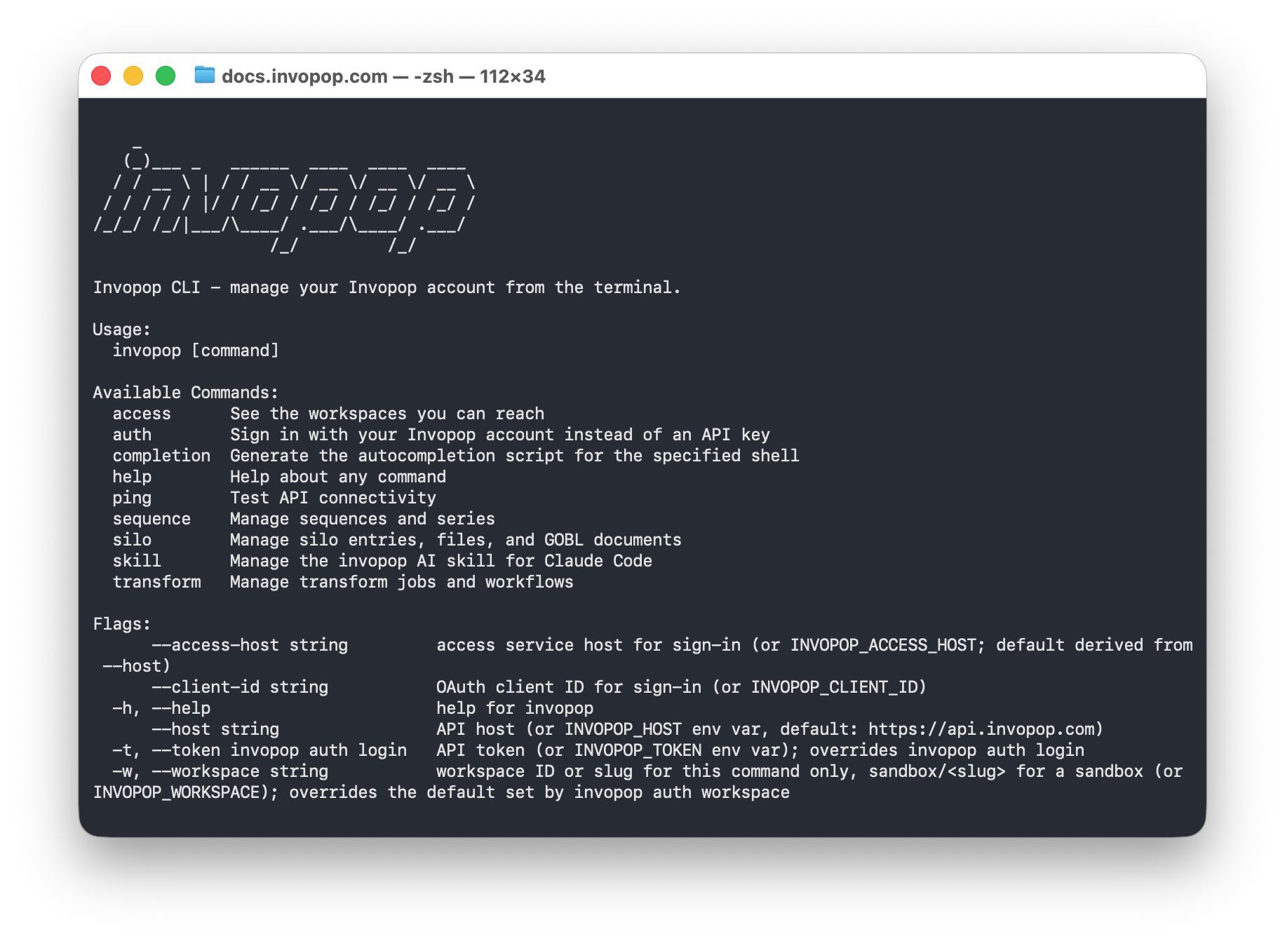 Terminal window showing the Invopop CLI help screen with the commands access, auth, ping, sequence, silo, skill and transform