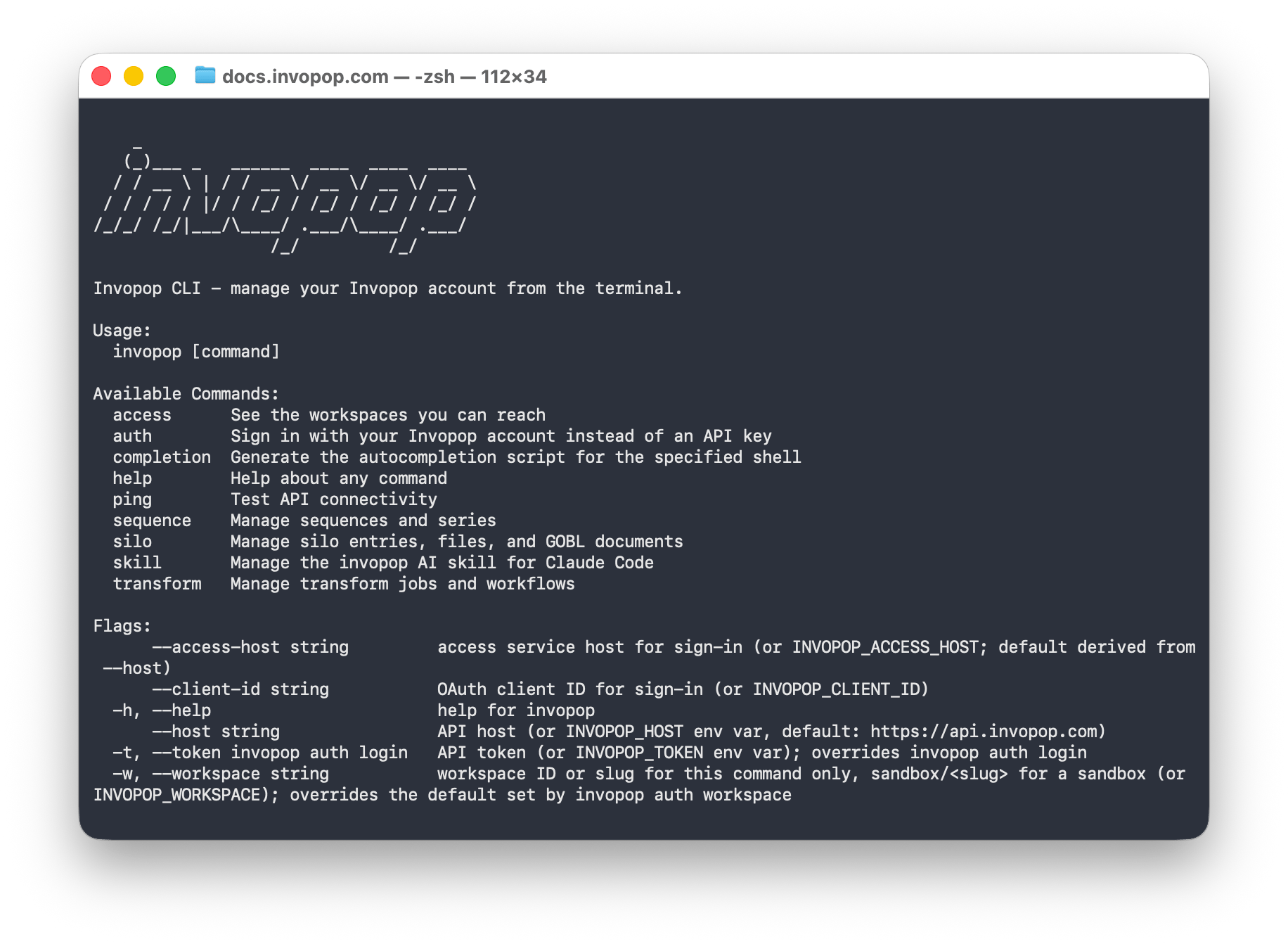 Terminal window showing the Invopop CLI help screen with the commands access, auth, ping, sequence, silo, skill and transform
