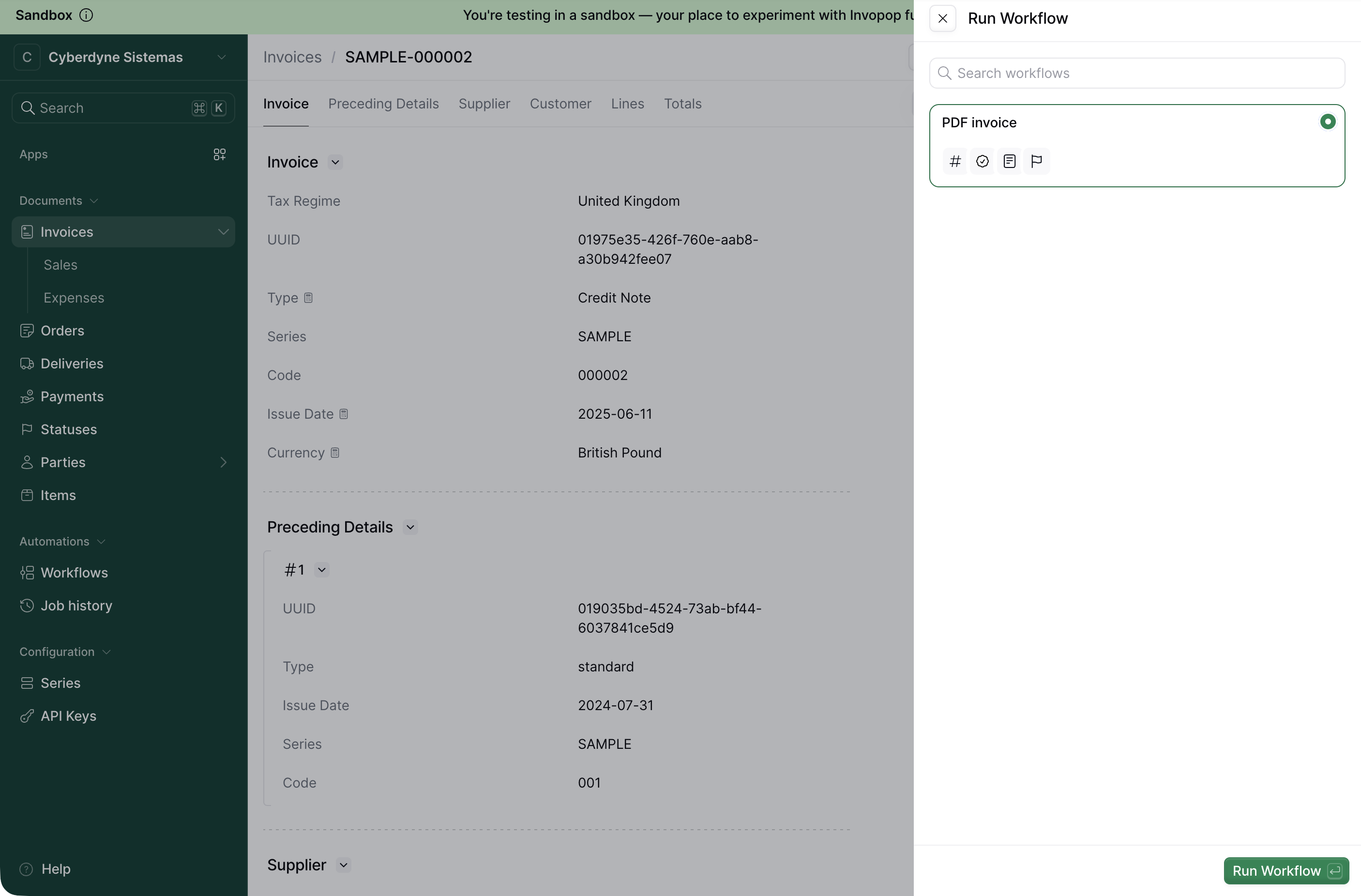 Run workflow panel with the PDF invoice workflow selected