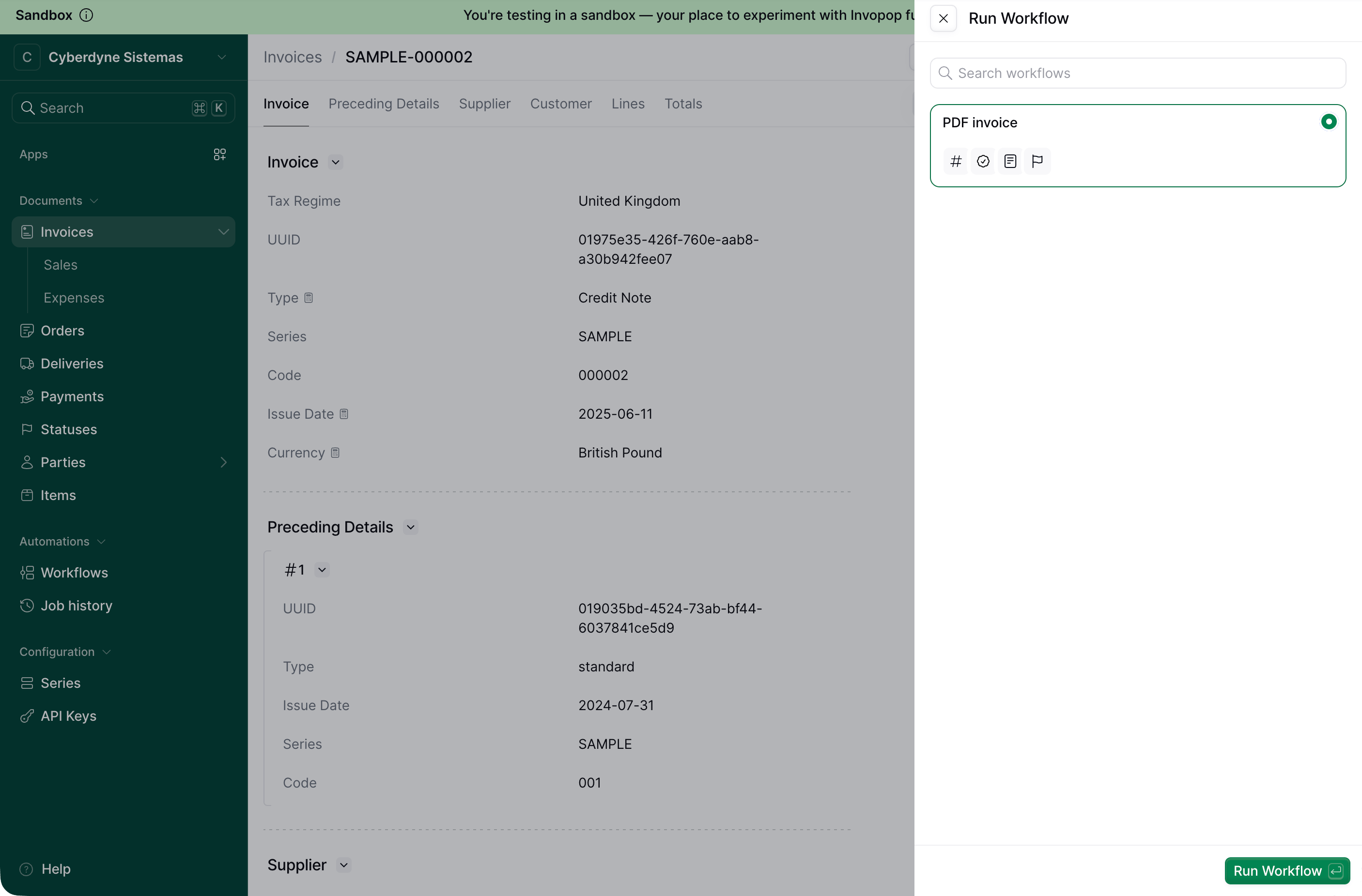 Run workflow panel with the PDF invoice workflow selected