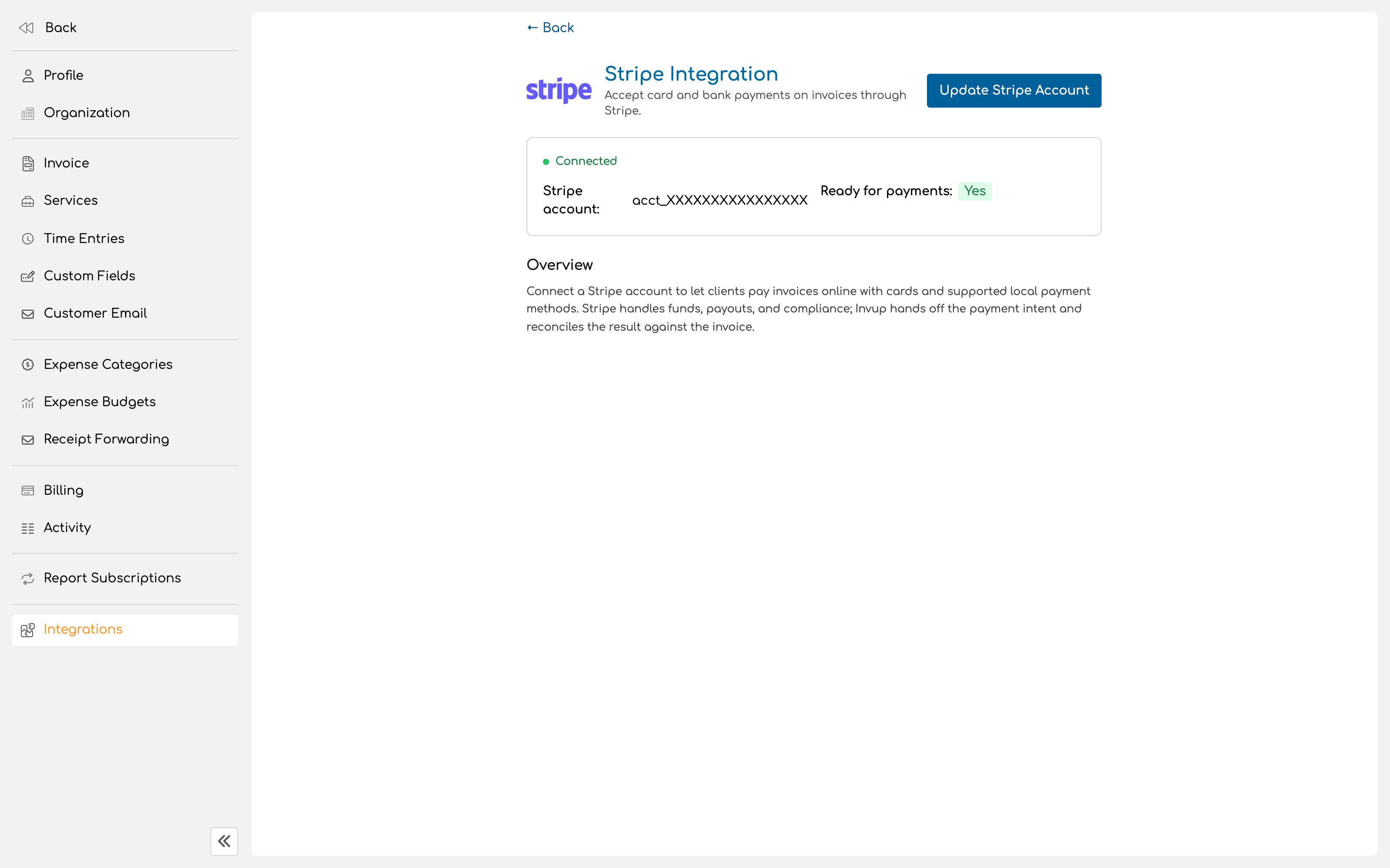 Stripe integration page in the ready for payments state