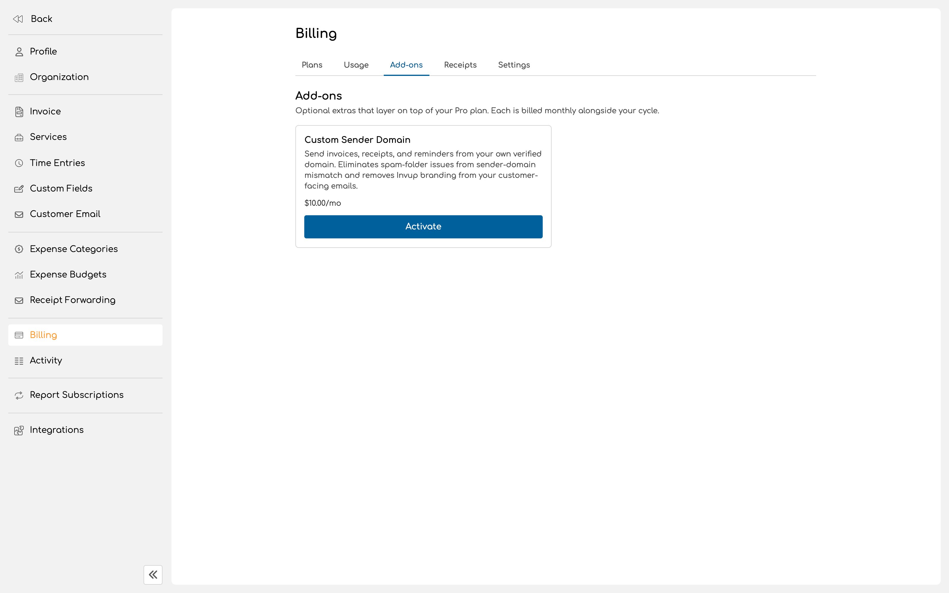 Add-ons tab showing one active add-on and one available