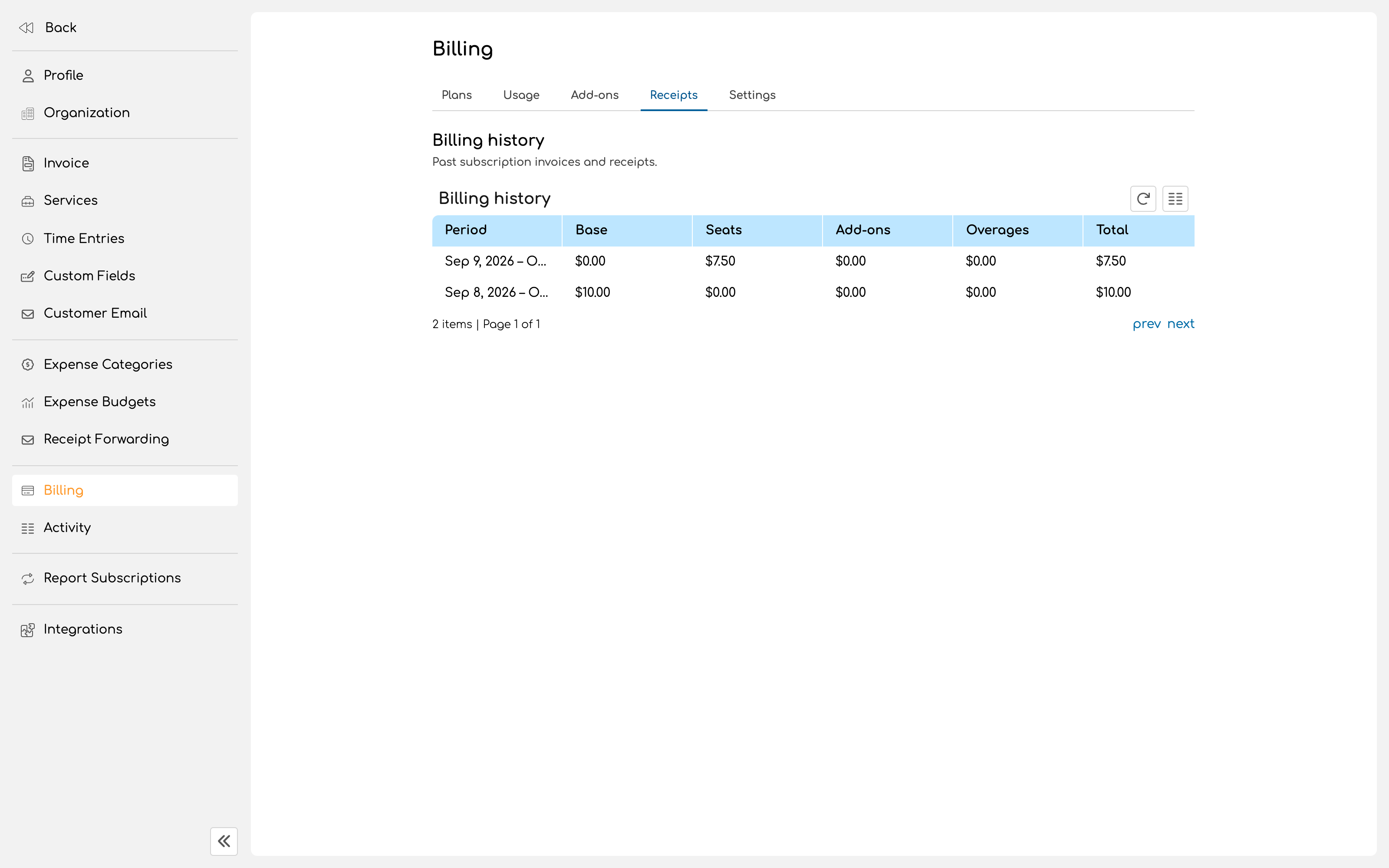 Receipts tab listing past subscription invoices with the period and total columns
