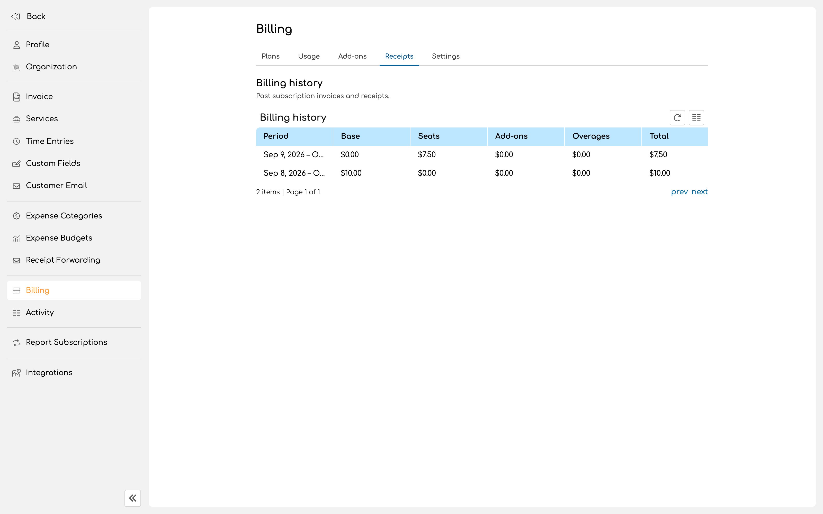 Receipts tab listing past subscription invoices with the period and total columns