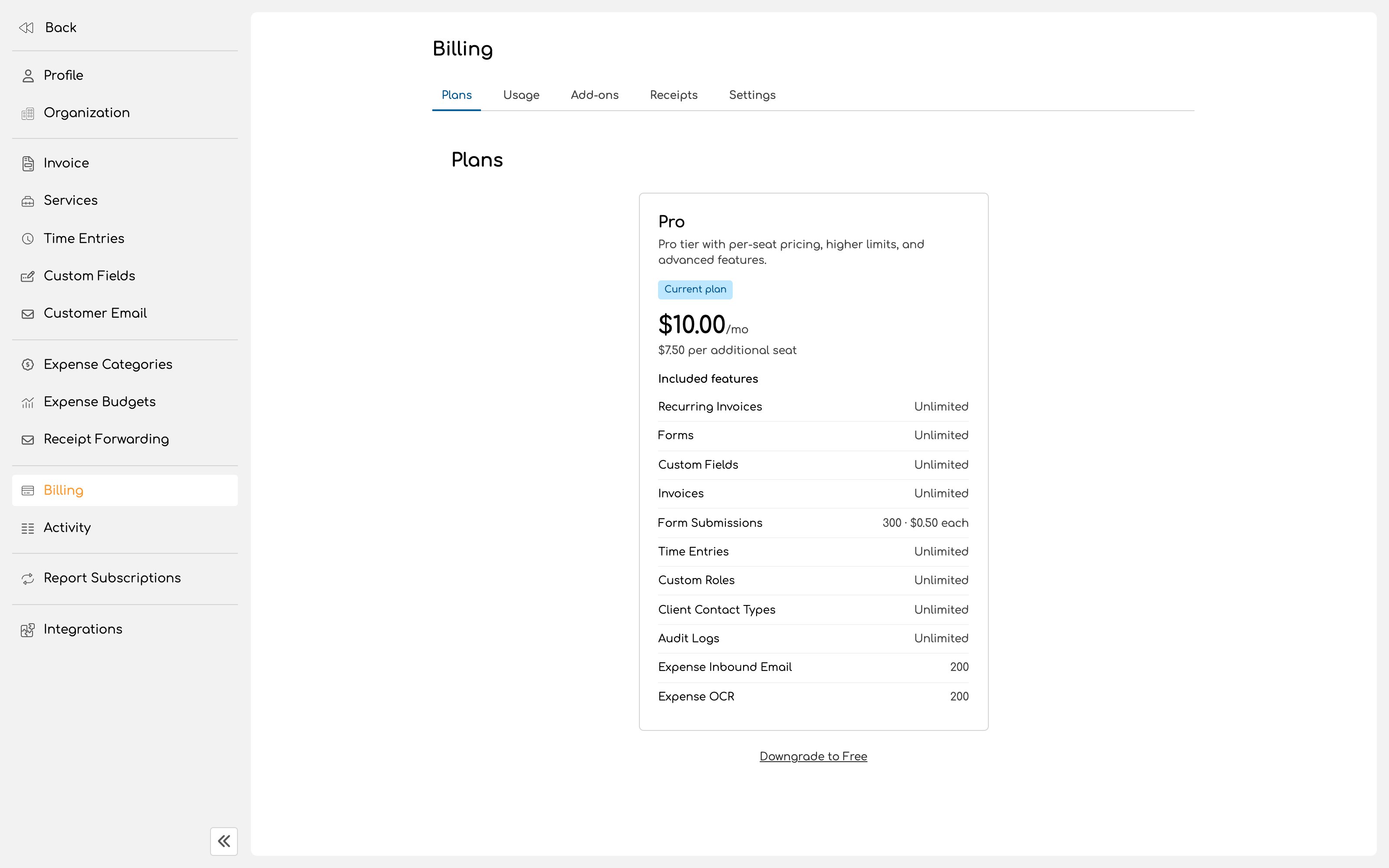 Billing settings, Plans tab, showing the available plans and the current plan marked