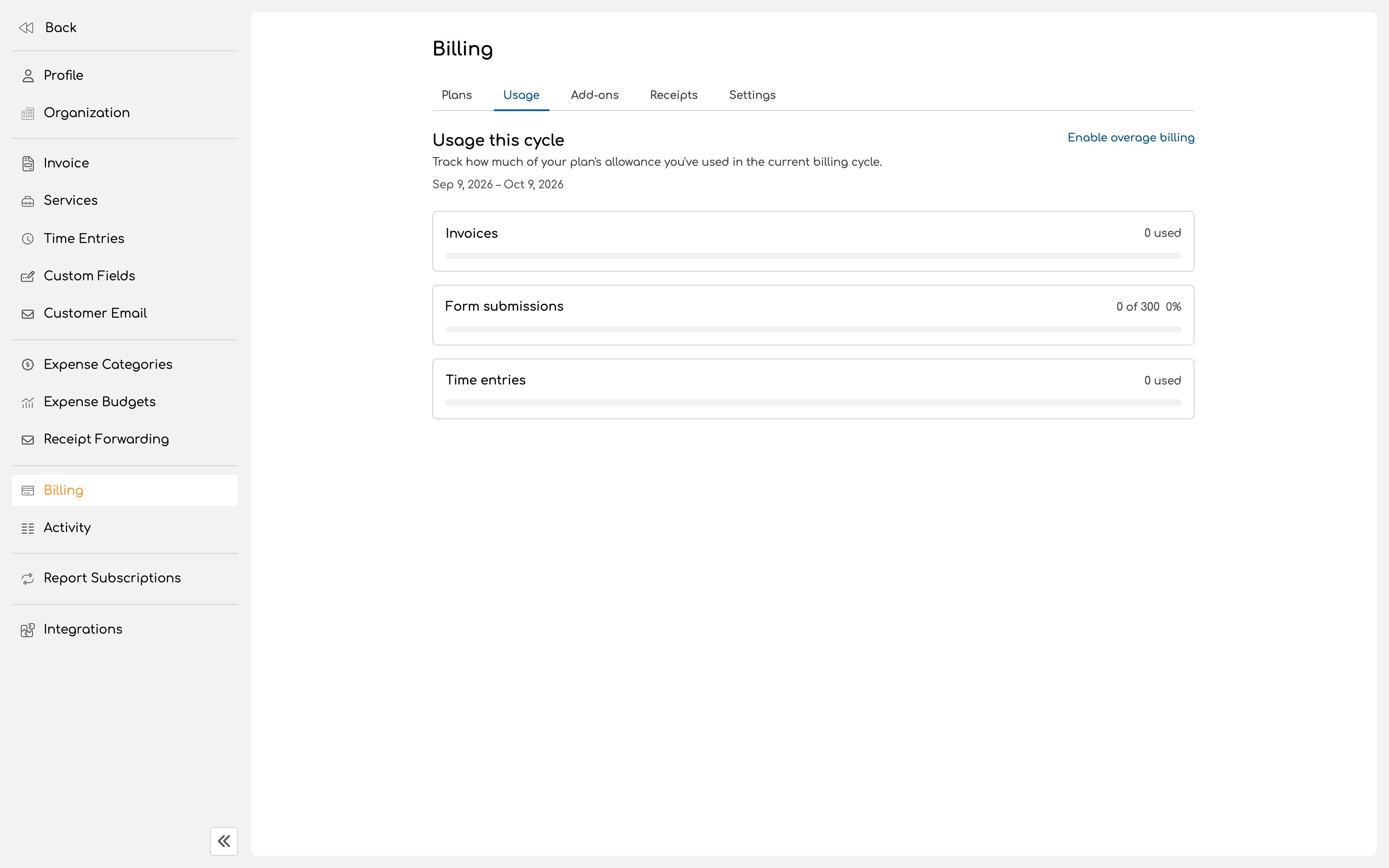 Usage tab showing consumption against monthly limits
