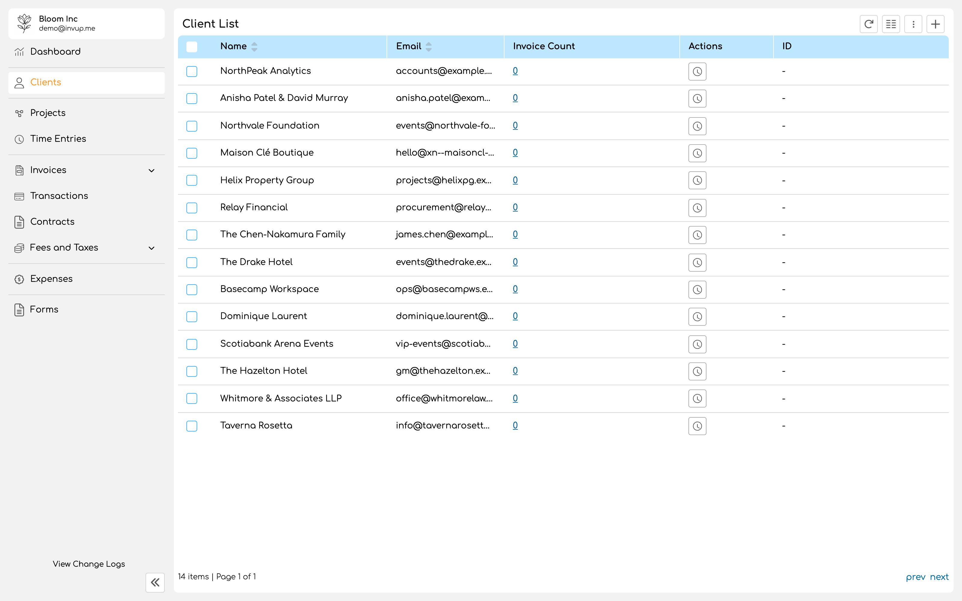 Clients list for the demo organization showing several clients