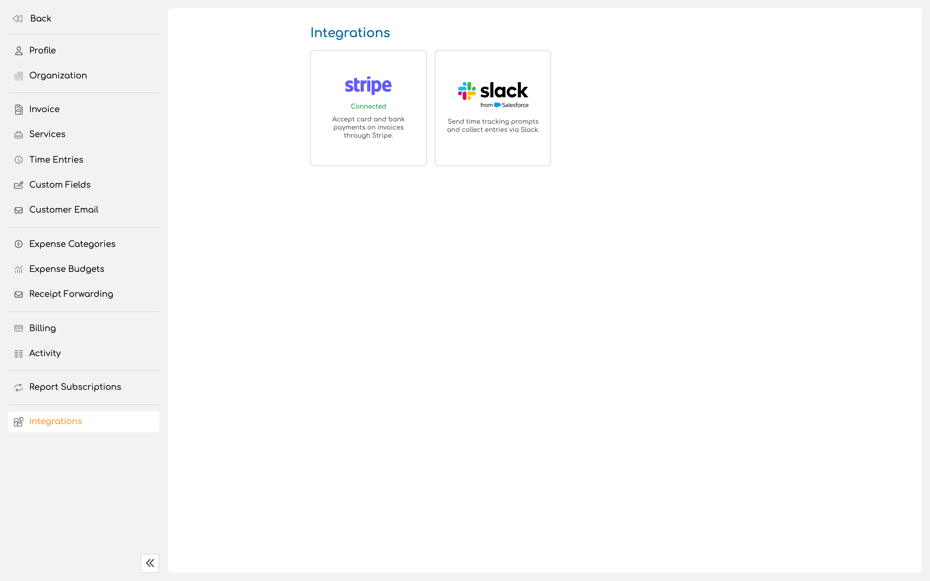 Integrations settings showing the Stripe and Slack integration cards