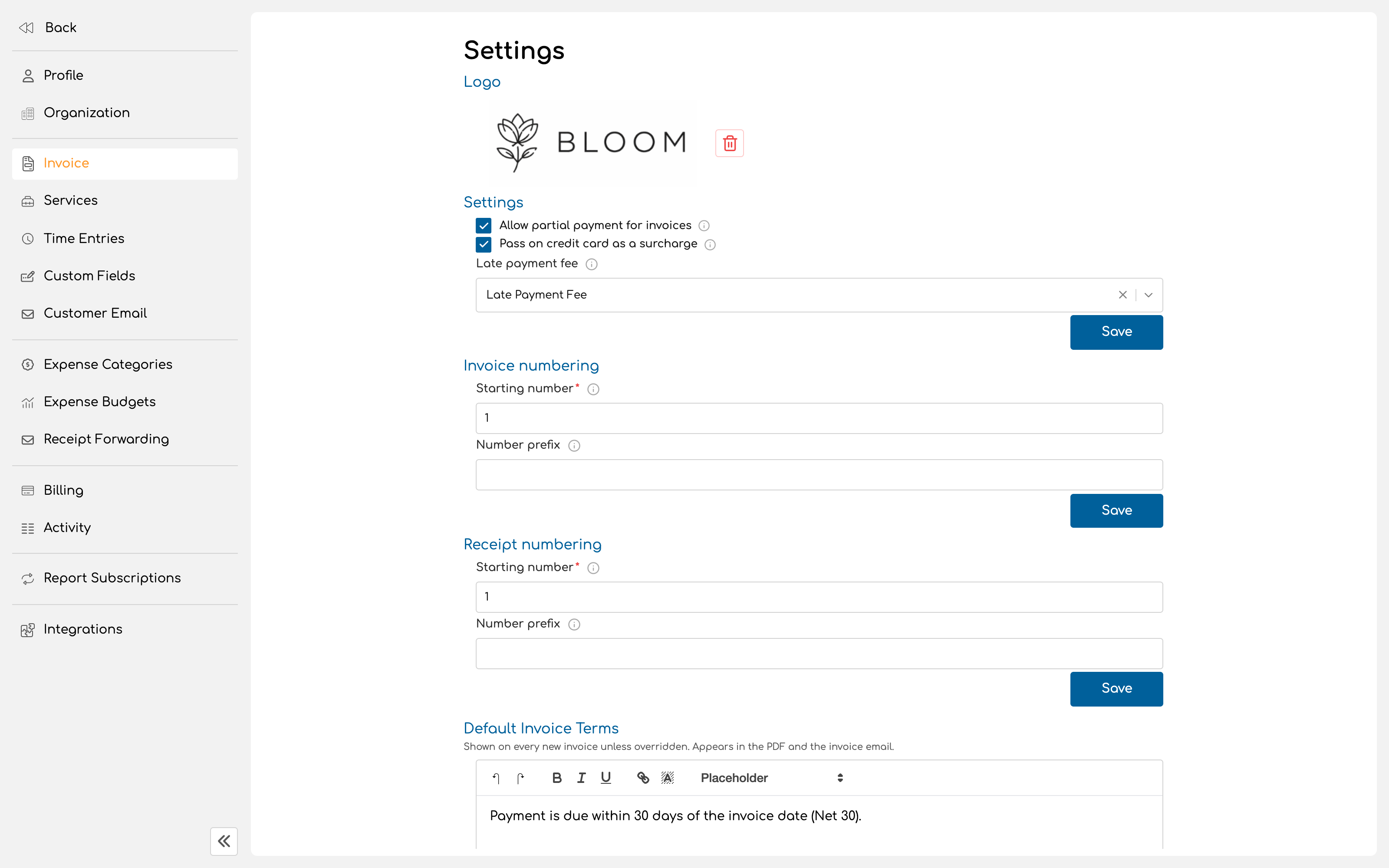 Invoice numbering section showing prefix and start number fields