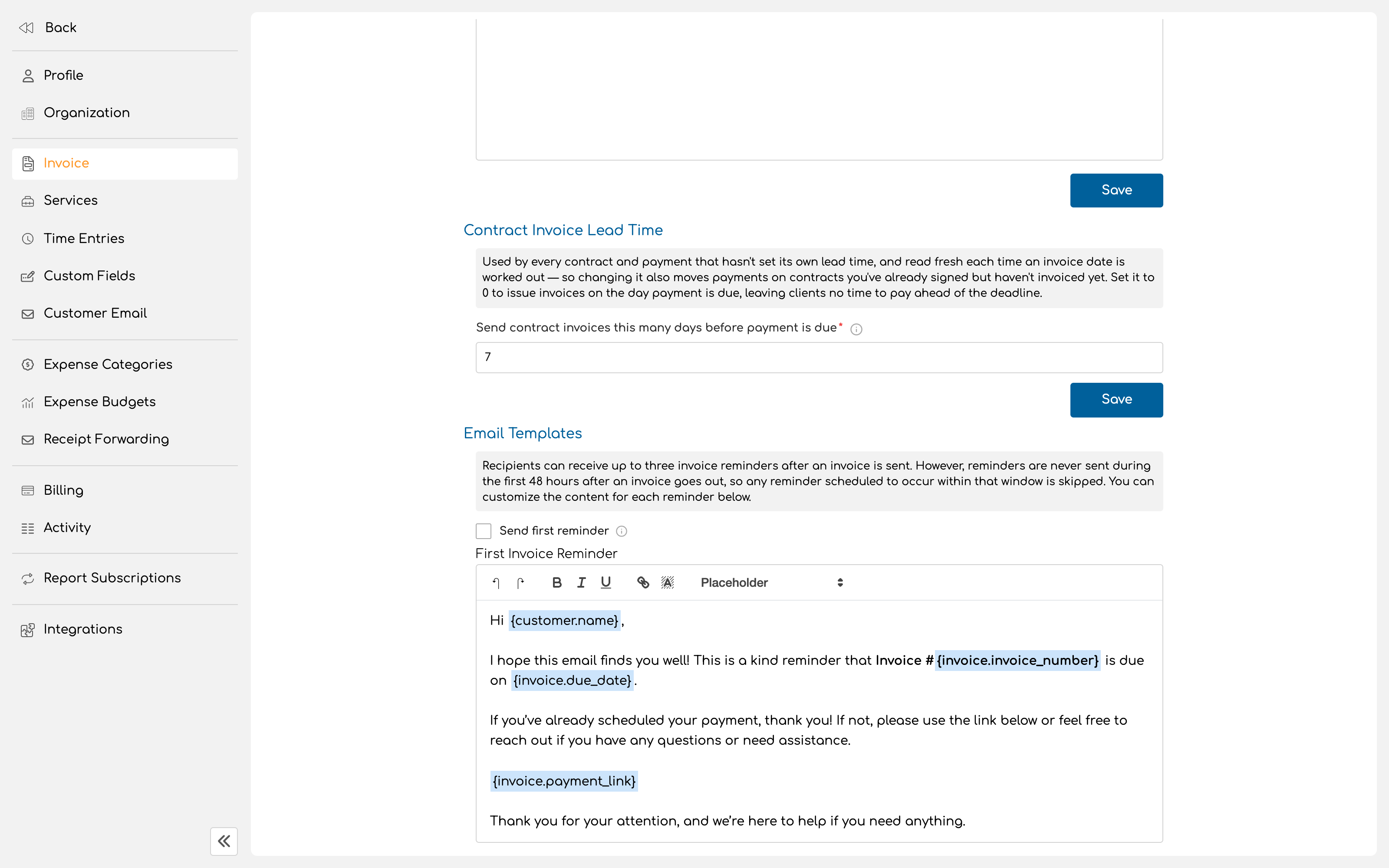 Reminder templates section showing the three scheduled reminders with toggles and message editors