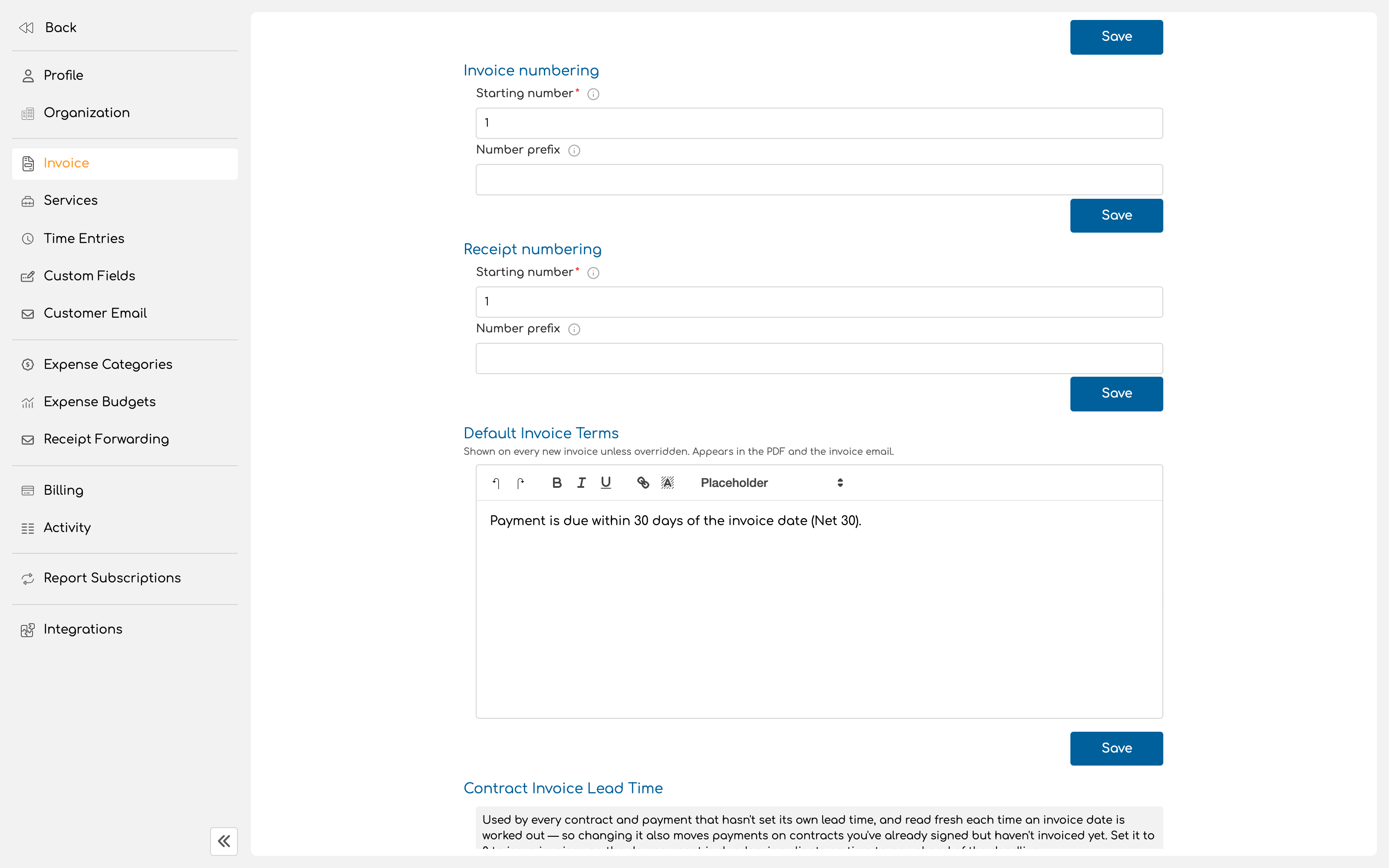 Default invoice terms editor with terms text entered