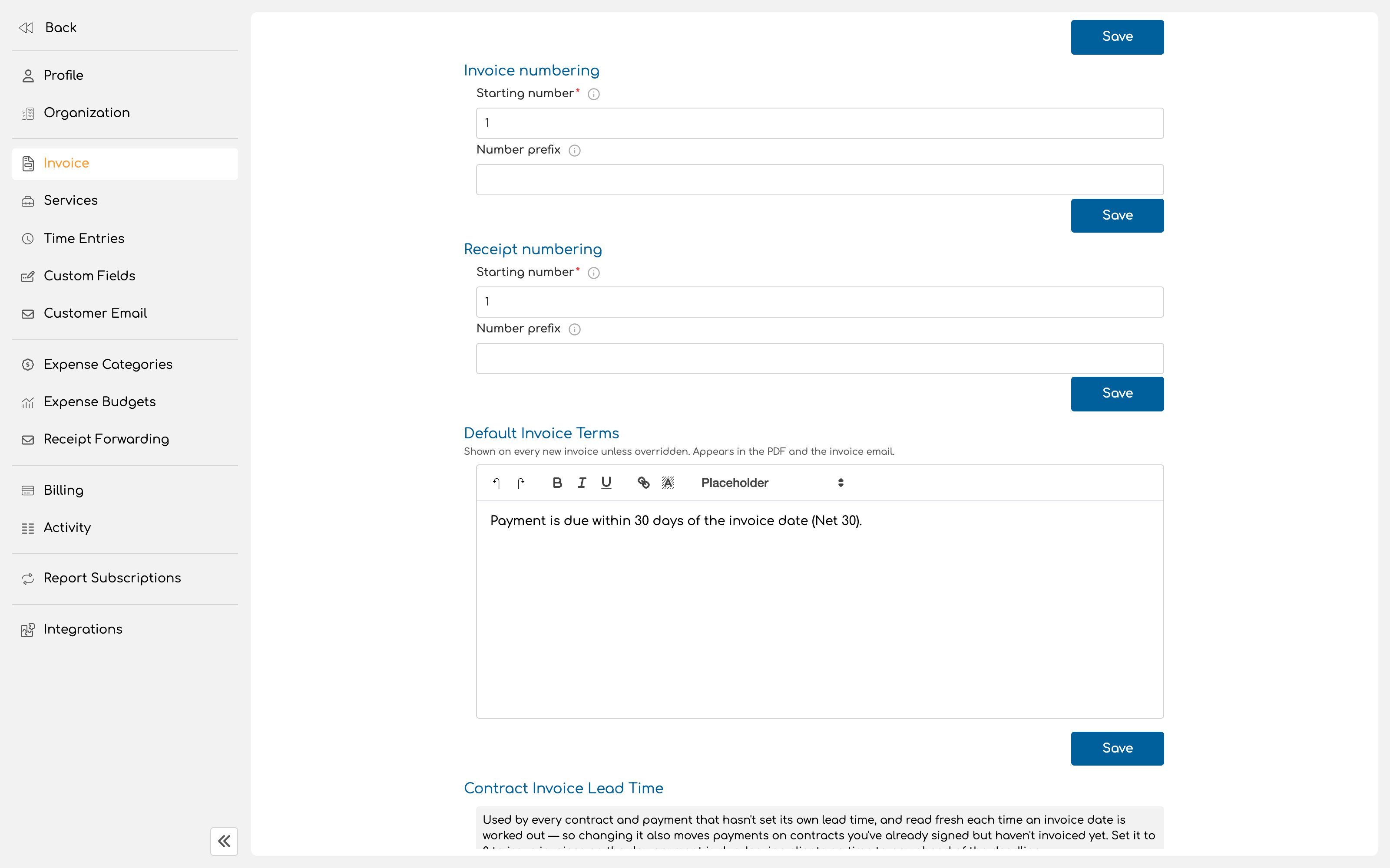Default invoice terms editor with terms text entered