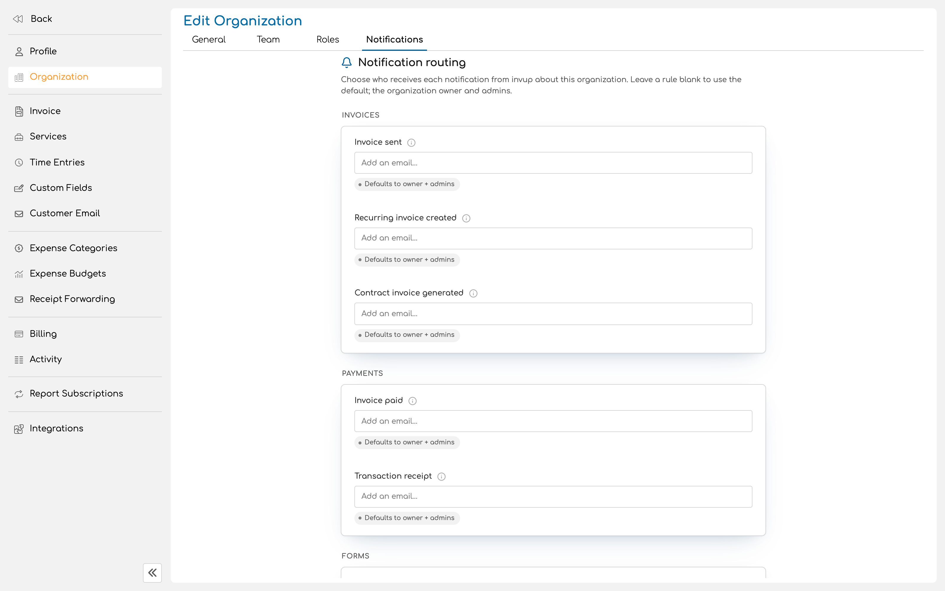 Notification routing tab showing rules with the default badge on some and explicit recipients on others