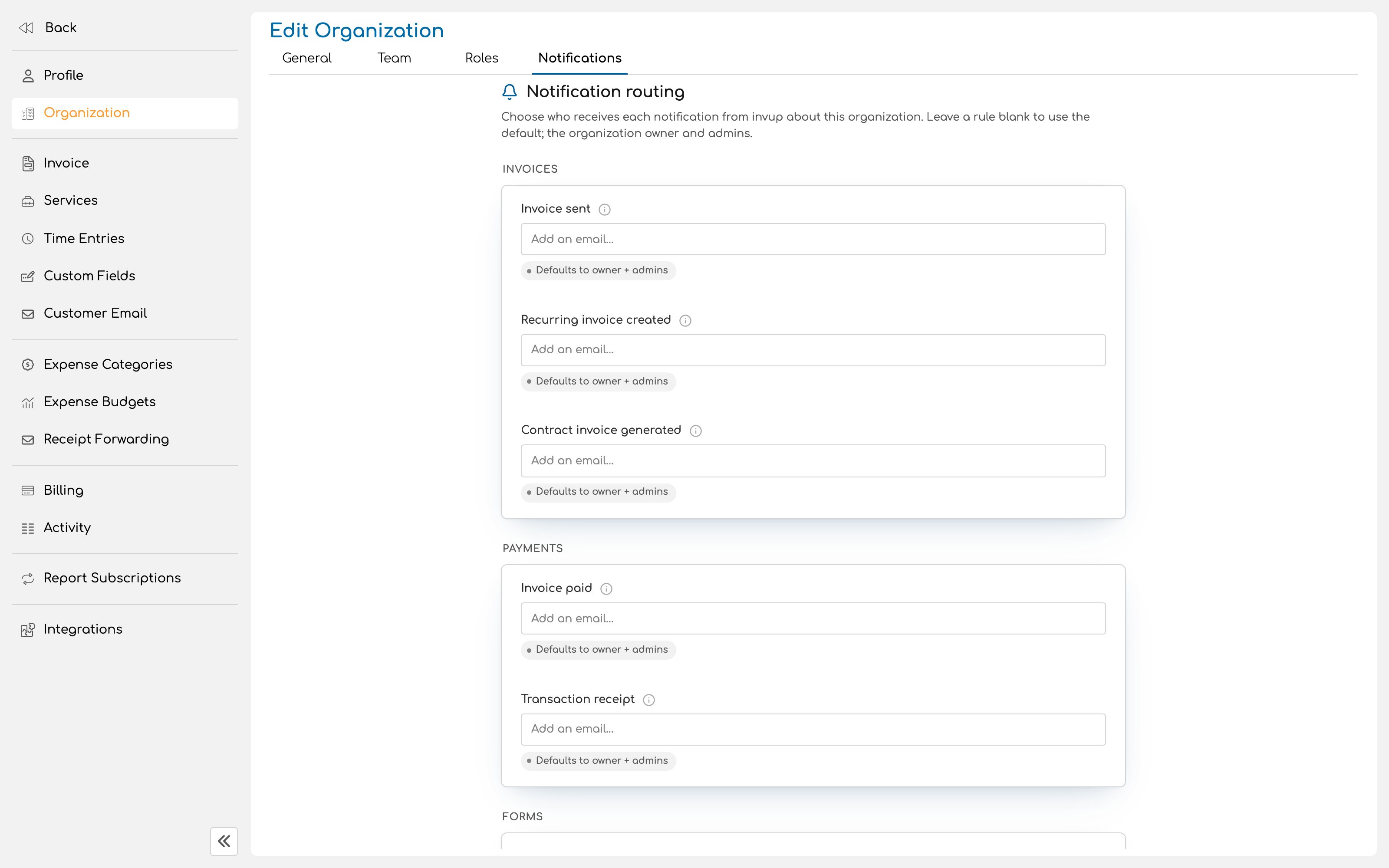 Notification routing tab showing rules with the default badge on some and explicit recipients on others