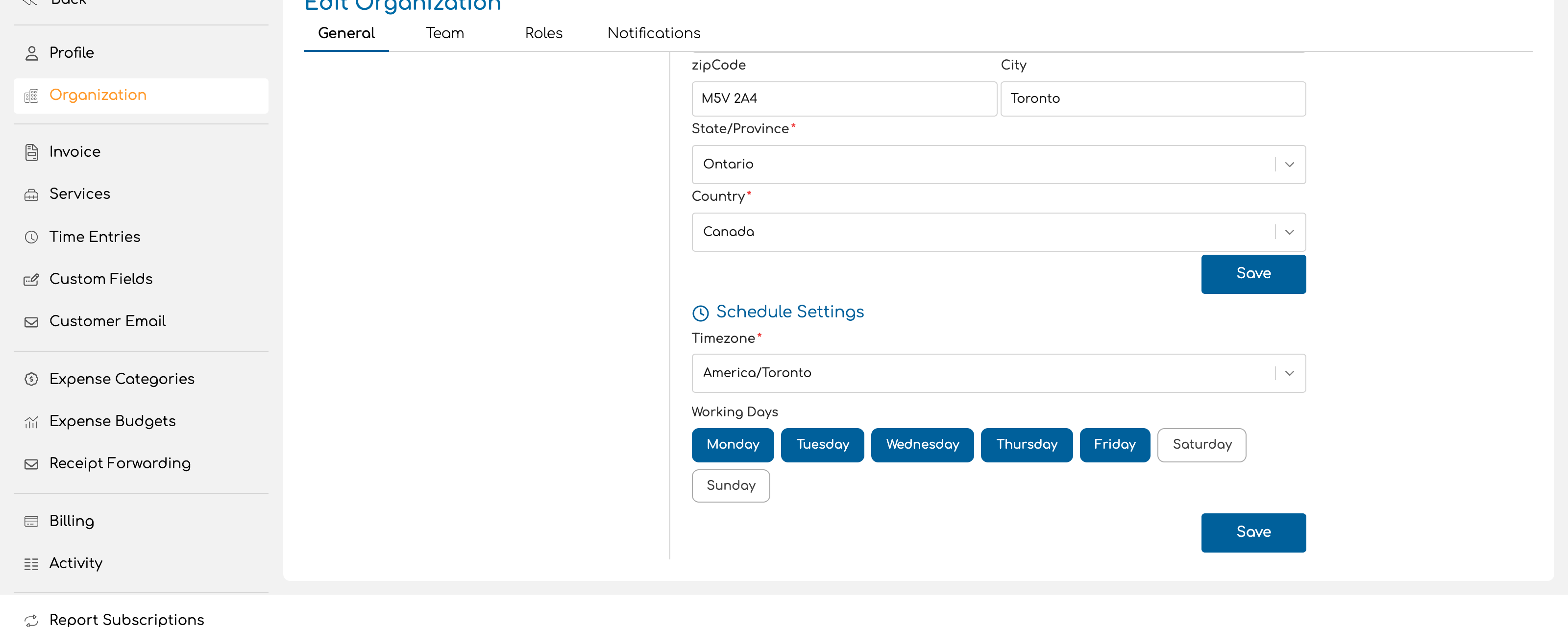 Schedule settings section showing the timezone selector and working day toggles