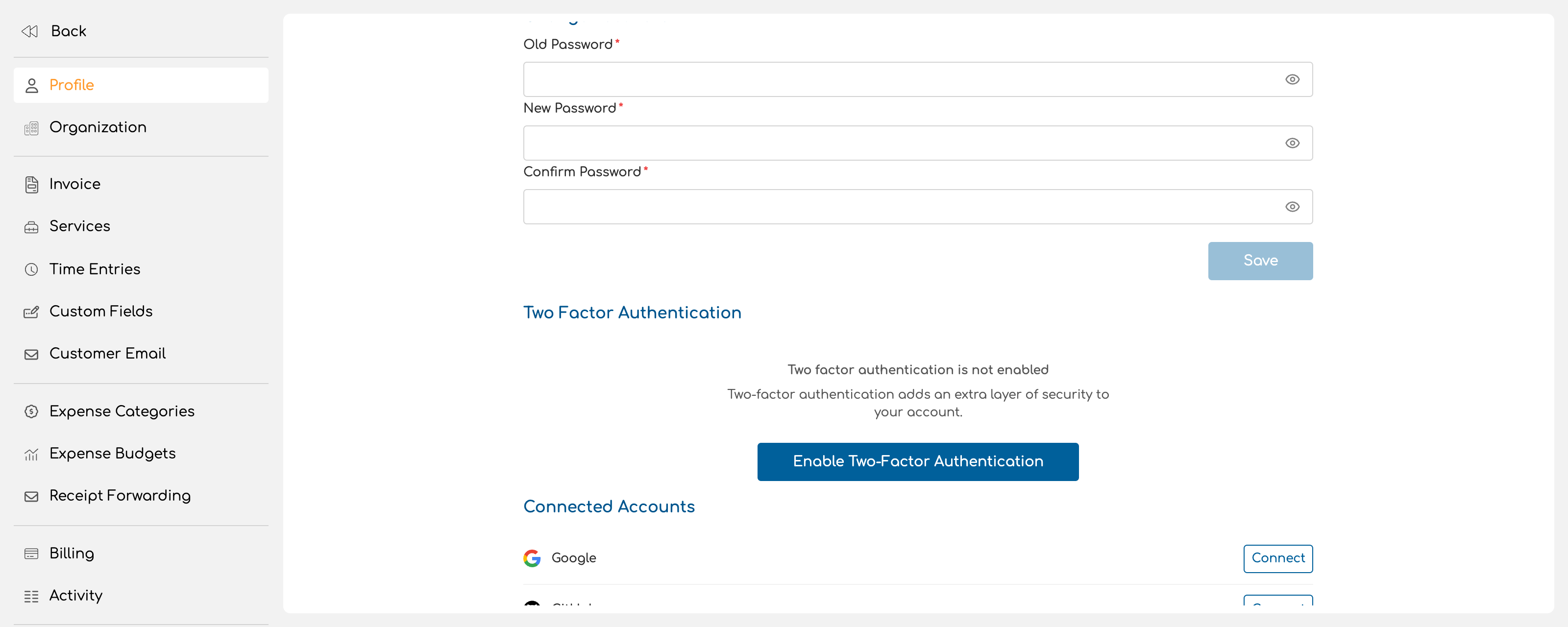 Profile settings page with the two factor authentication section visible, before setup