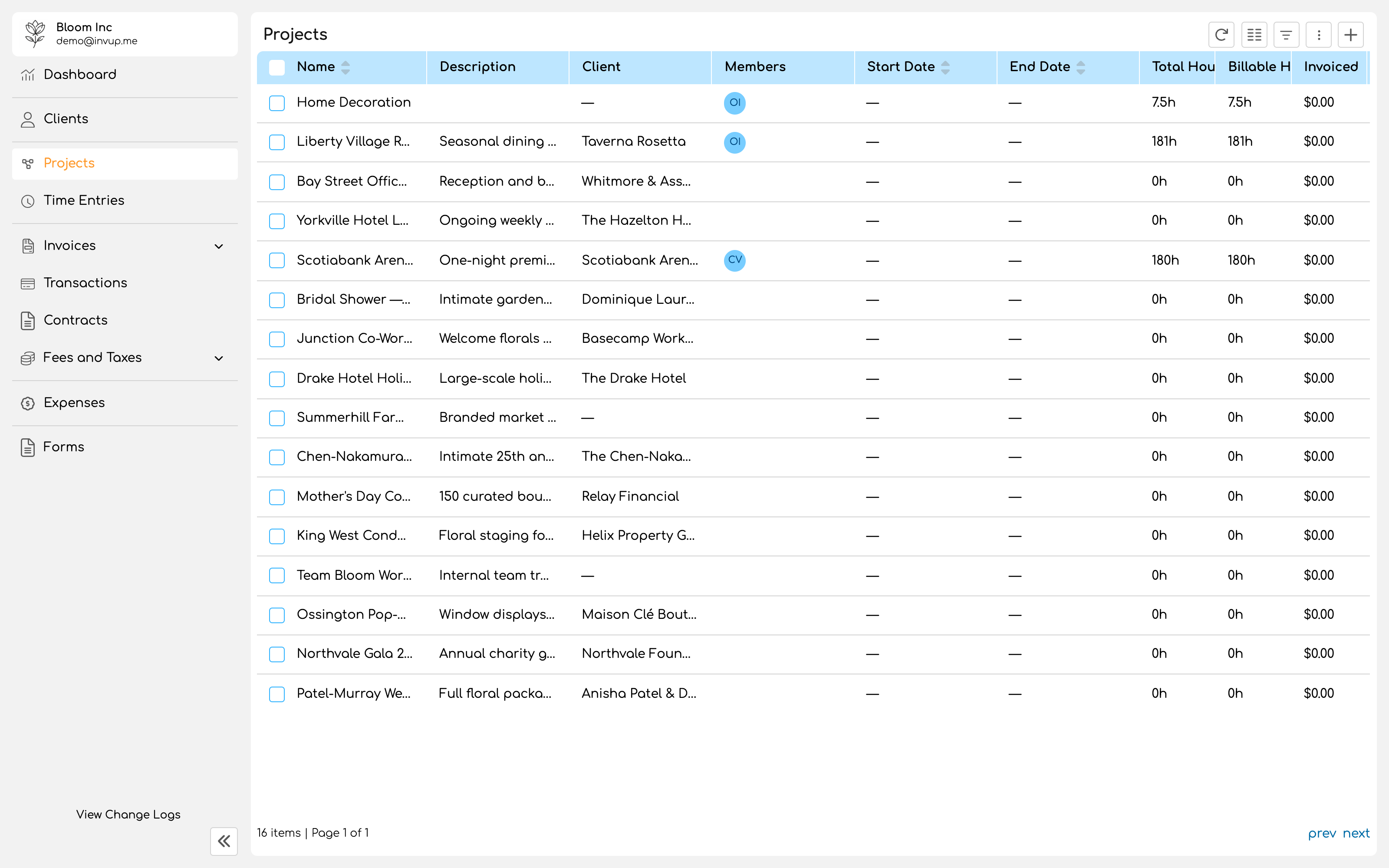 Projects list showing several projects with client, hours and invoiced columns