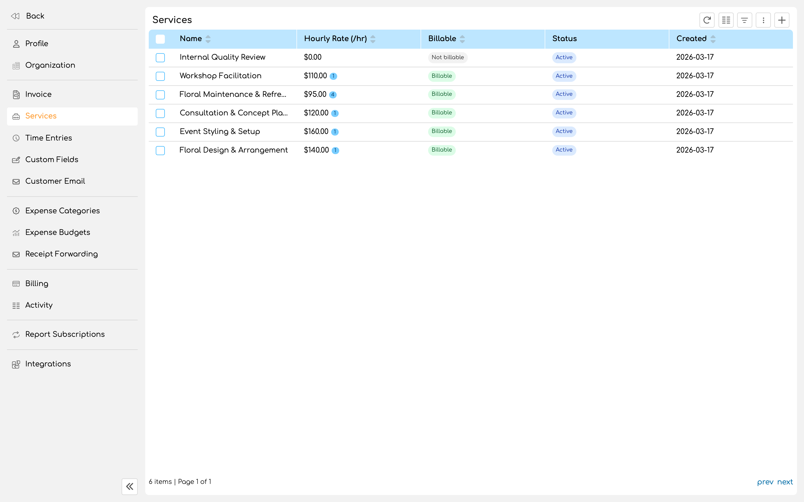 Services list showing several services with rates and billable status