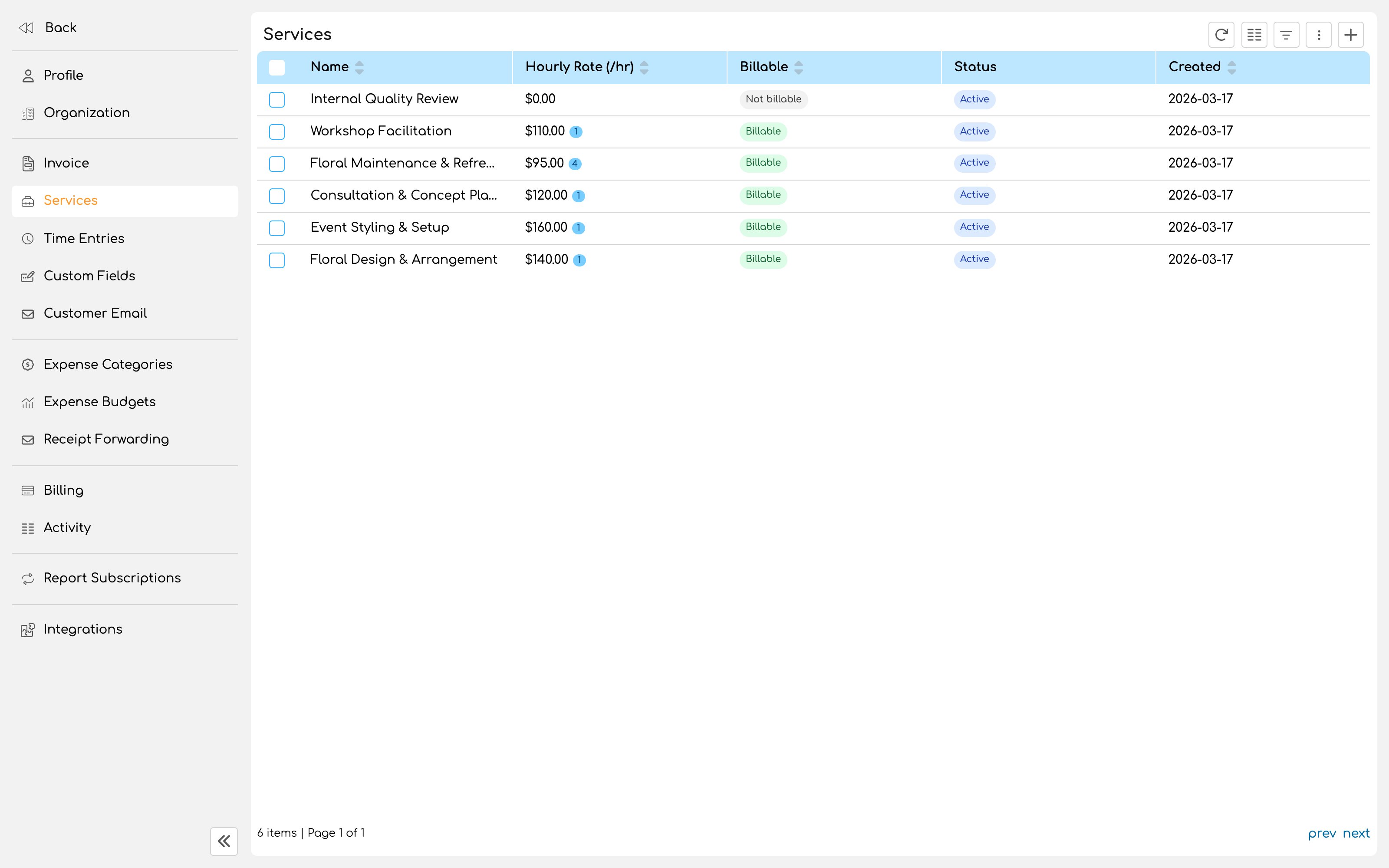 Services list showing several services with rates and billable status