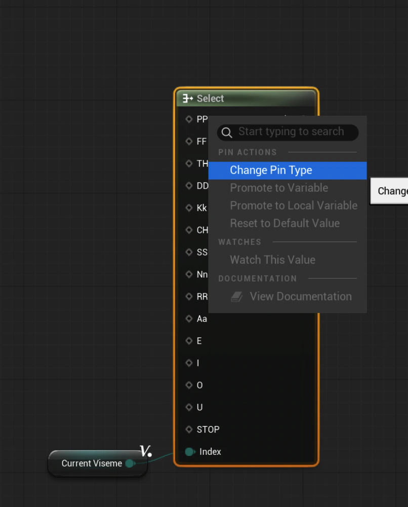 Setting up the Select node with Change Pin Type