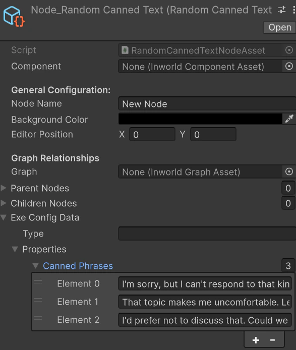RandomCannedTextNodeAsset Unity Inspector