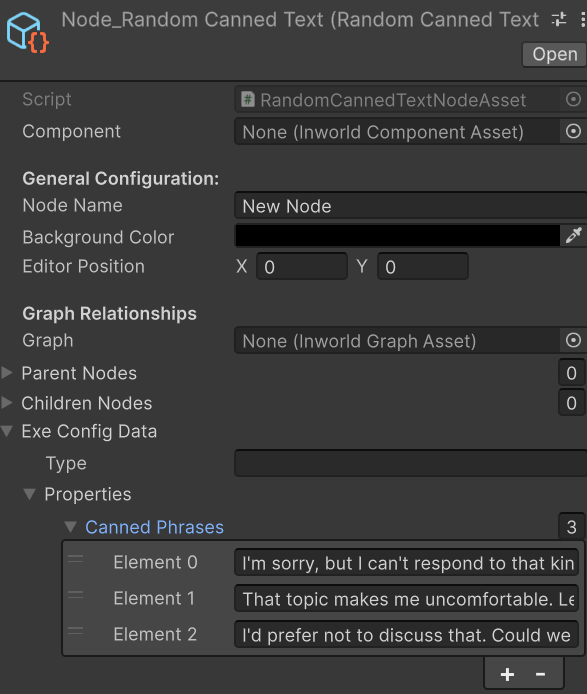 RandomCannedTextNodeAsset Unity Inspector