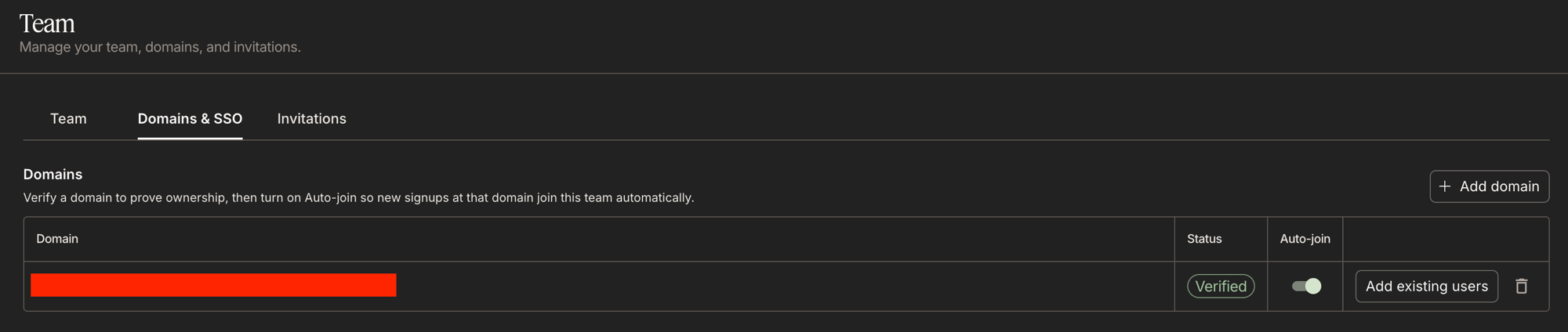 The Domains section of the Domains & SSO tab, showing a verified domain with Auto-join enabled